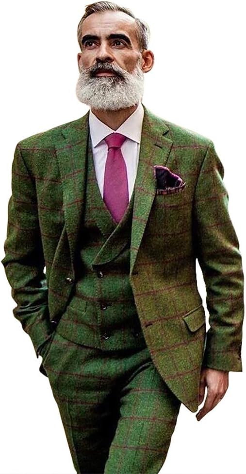 Men's Plaid Wool Blend Tweed Slim Fit Party Wedding Tuxedo Green Fashion 3 Piece Suits