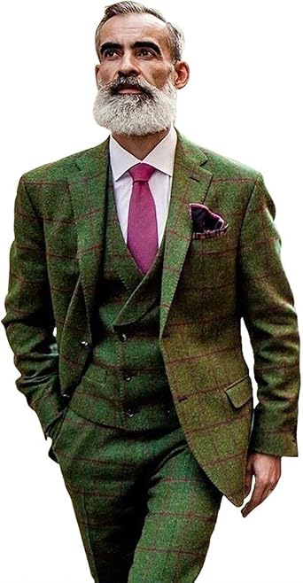 بدلة توكسيد للرجال من مزيج الصوف المنقوش بقصّة Slim Fit للحفلات والزفاف باللون الأخضر، بدلة عصرية مكونة من 3 قطع