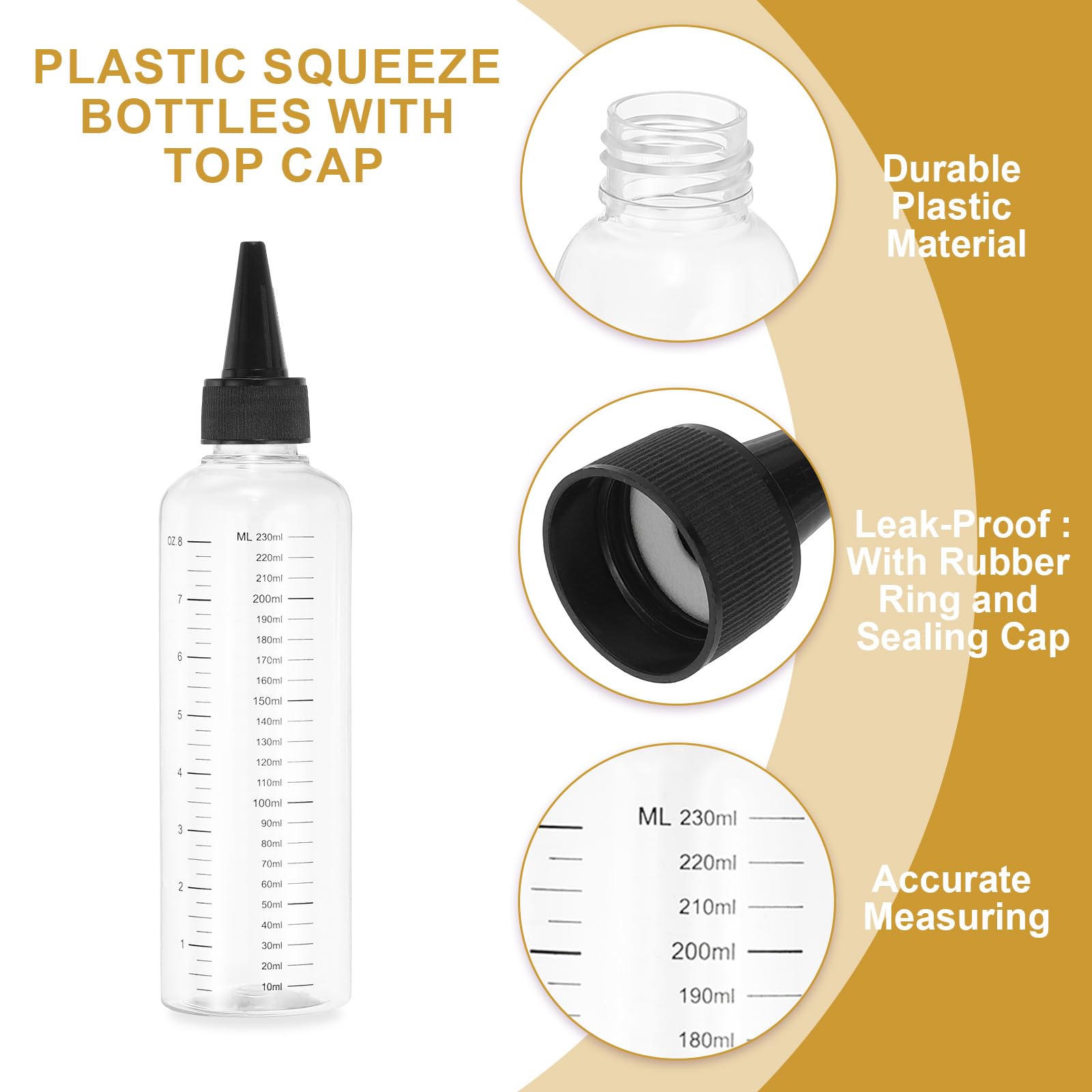 PATIKIL 230 Ml/8 oz Bottiglie Spremiplastica con Tappo Nero, 8 Pz Bottiglia di Erogazione Rotonda Graduata Vuota Bottiglia Puntuta per Liquidi, Artigianato, Oli, Condimenti, Trasparente