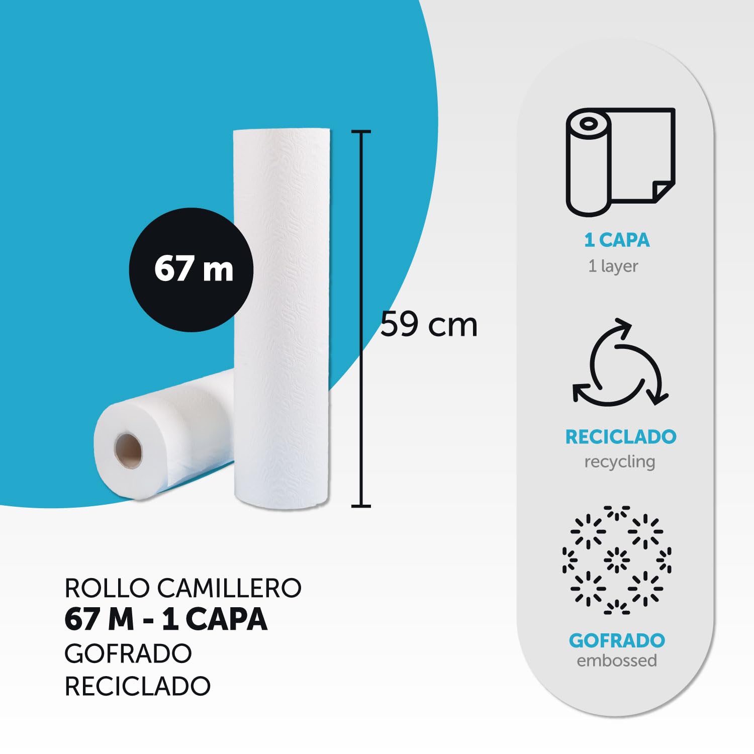 Rollo para Camilla, Rollo Papel para Camilla de Procedimientos Médicos, Masaje, Tratamientos de Belleza y Spa, Papel para Camilla de Estética y Masaje (59cm x 67m gofrado reciclado, 6 unds)