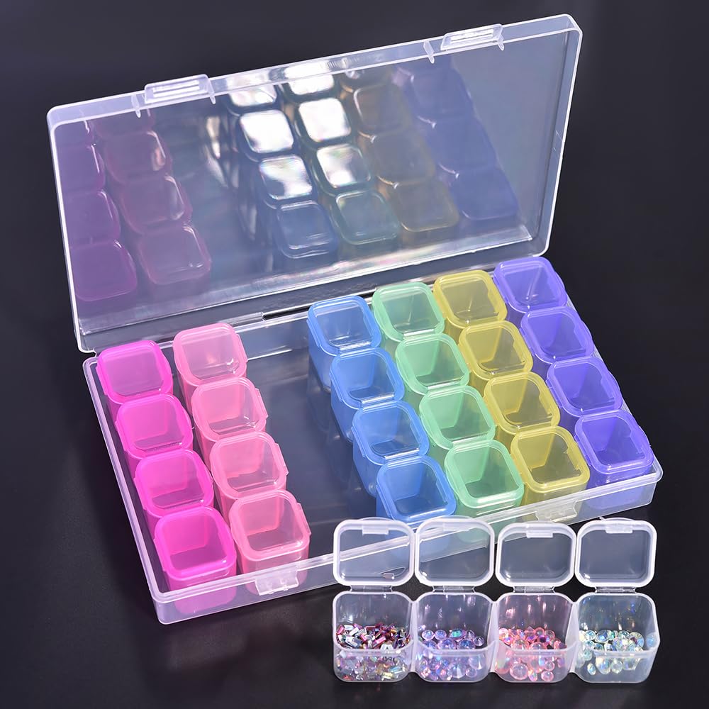 KAZIPOP 28 Grids Diamond Paint Storage Boxes Plastic Nail Art Decorations Container Bead Storage Box Rhinestone Organizer Container Case Detachable Display Tray (Colorful)