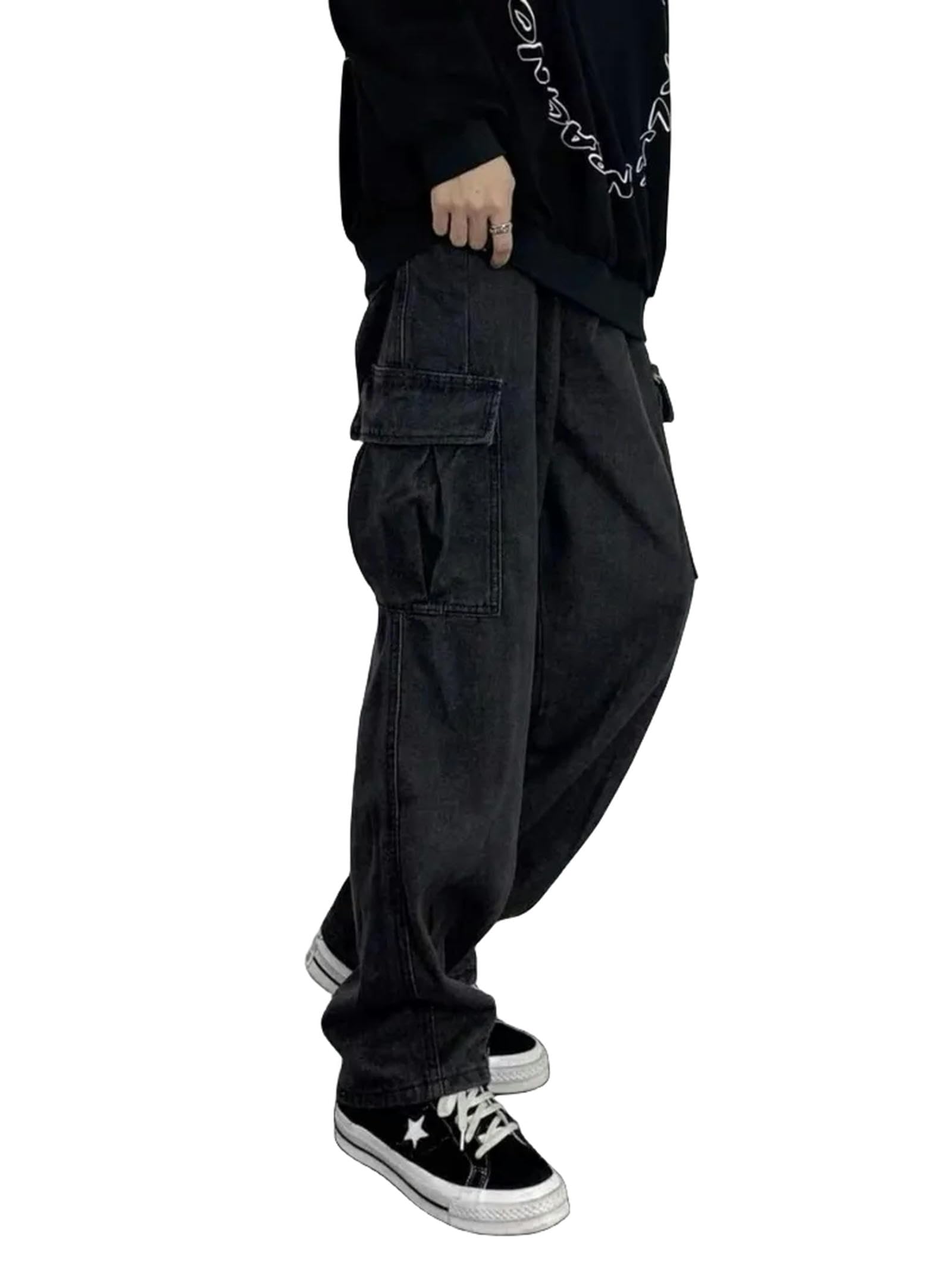 Jeans Uomo Larghi Pantaloni di Jeans Neri Vintage degli Uomini Autunno Inverno
