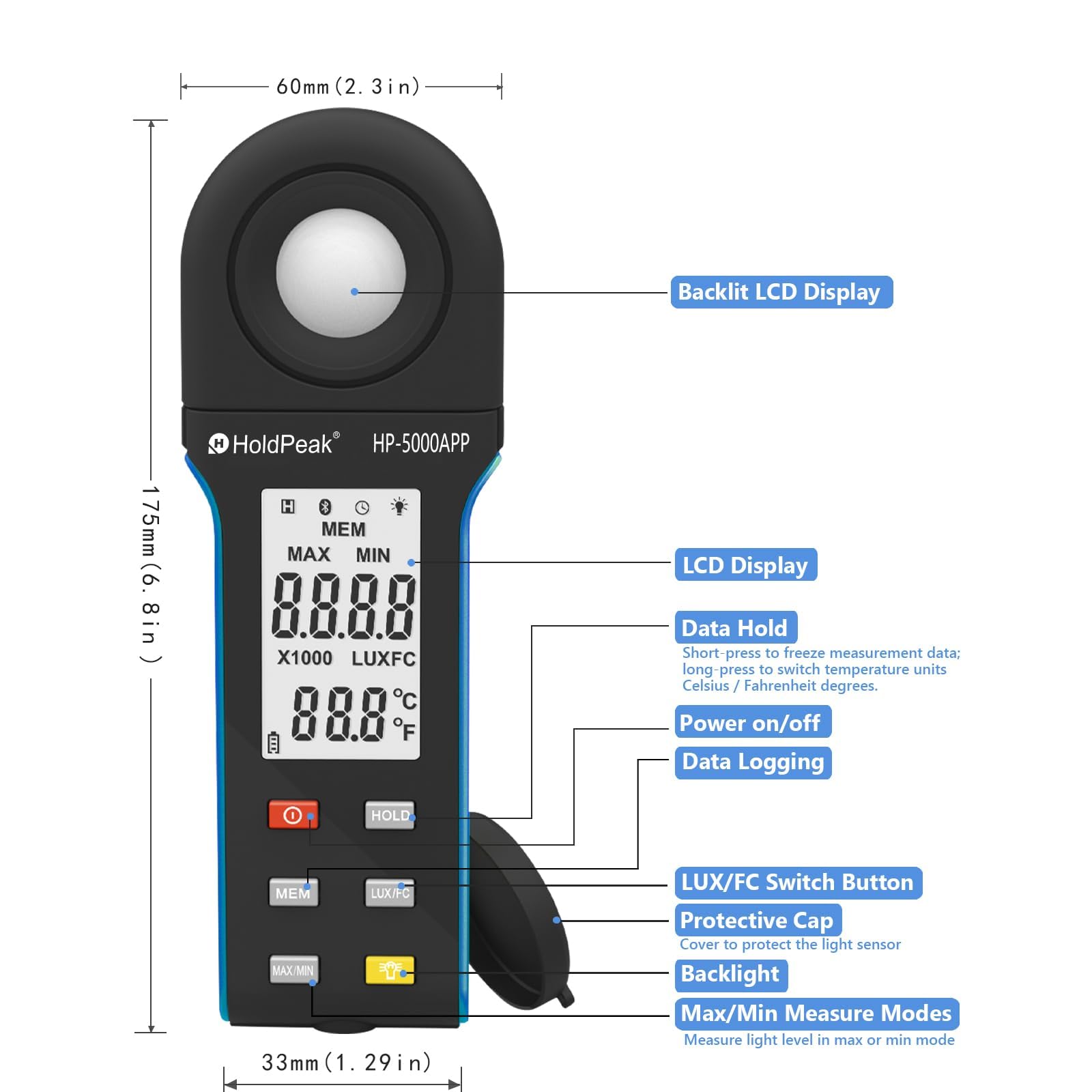 Luxmetro Digitale Tester per Misurazione Luminosita 400,000 Lux 5000APP, Misuratori di Luce, Posemetro Digitale Portatile Ambientale, per Luce LED/Piante, Rotativo 270º, APP Operazione
