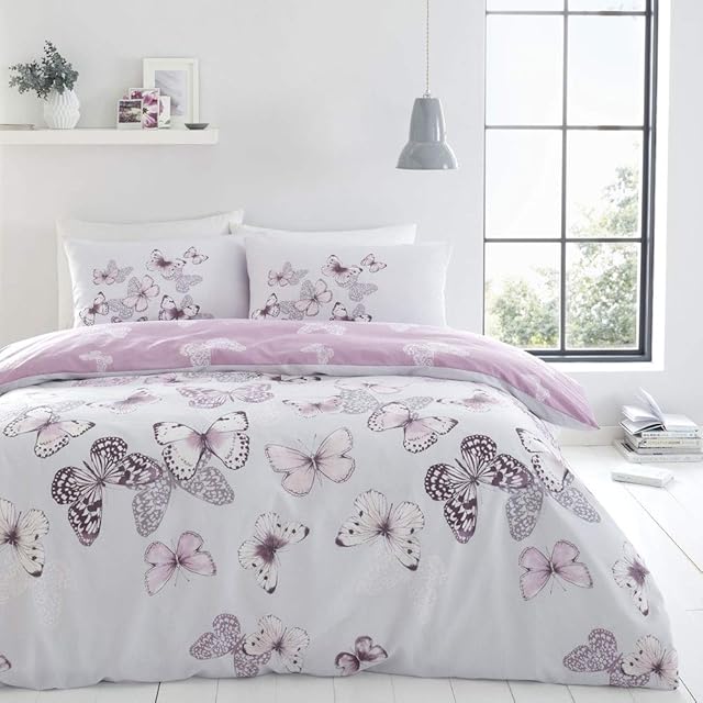 Catherine Lansfield Bedding Scatter Butterfly King Duvet Cover Set with Pillowcases Heather