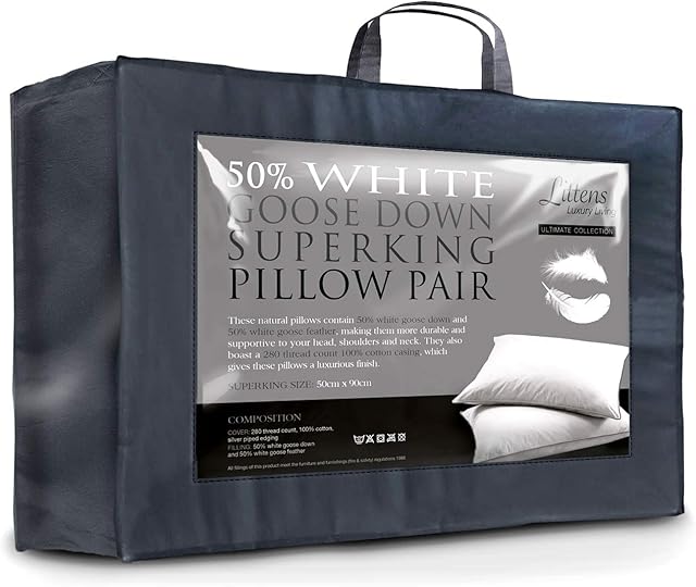 Littens 50cm x 90cm Super King Size Luxury Ultimate Collection 50% Pure White Goose Down & Feather Pillows Pair 280TC 100% Cotton Jacquard Casing, Down Proof (20 x 36)