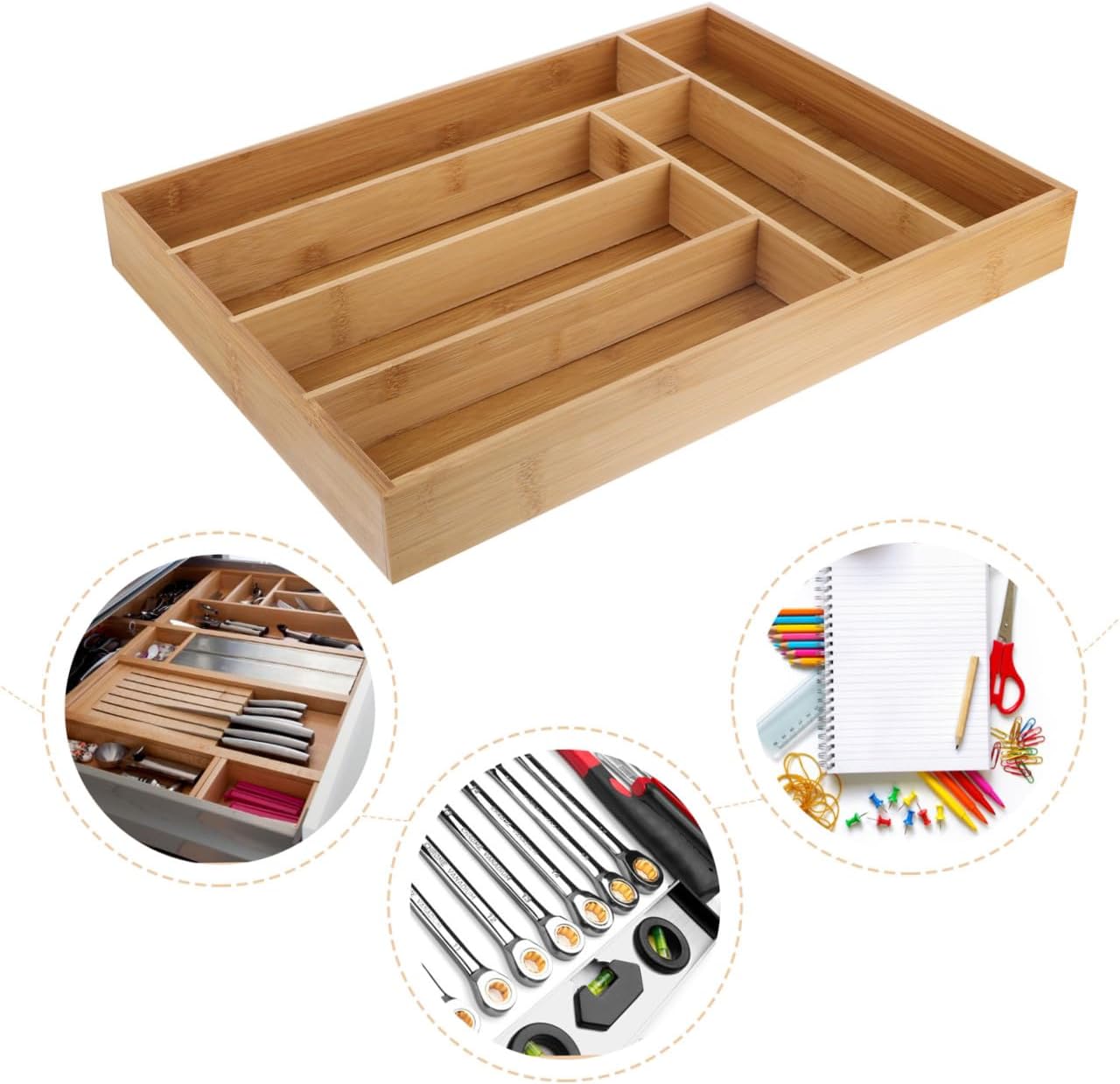 Cutlery Tray with Compartments Drawer Organizer Multi-compartment Tableware Storage Box for Kitchen Utensils and Silverware Natural Material Ventilated and Design