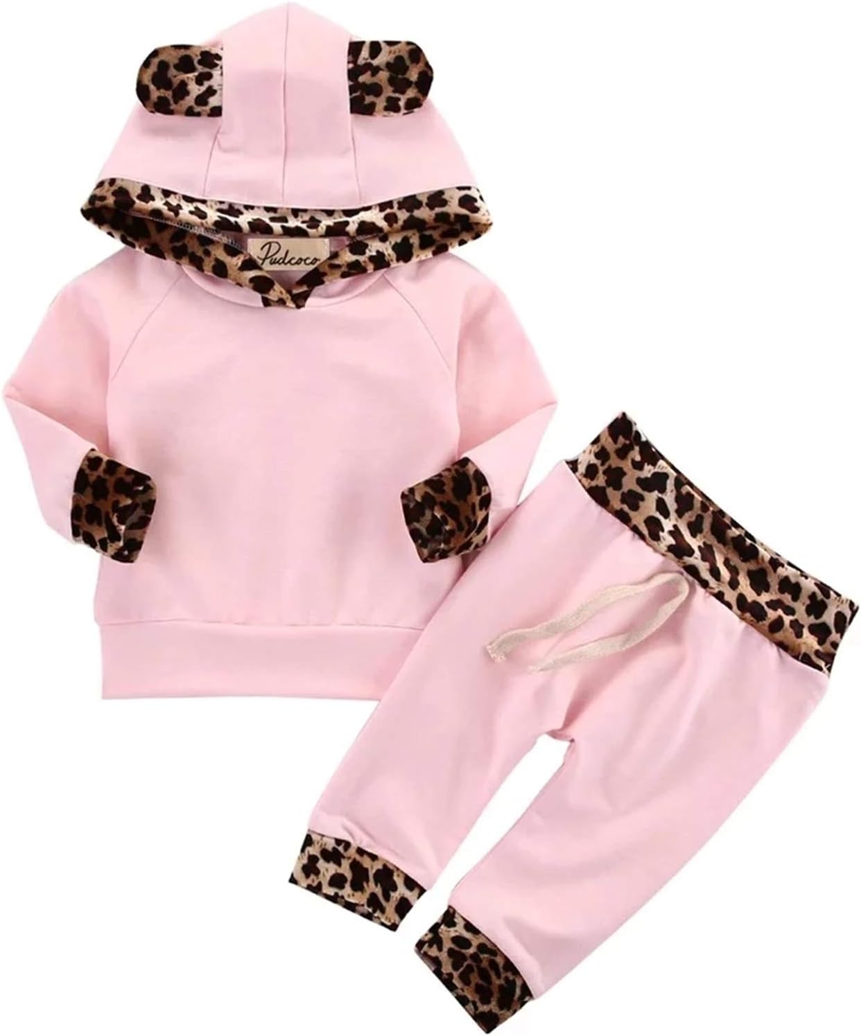 2Pcs Newborn Baby Girls' Pink Leopard Hoodie T-Shirt Top + Pants Outfits Set (6-12 Months, Pink)