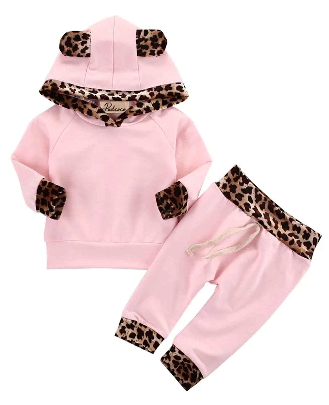 2Pcs Newborn Baby Girls' Pink Leopard Hoodie T-Shirt Top + Pants Outfits Set (6-12 Months, Pink)