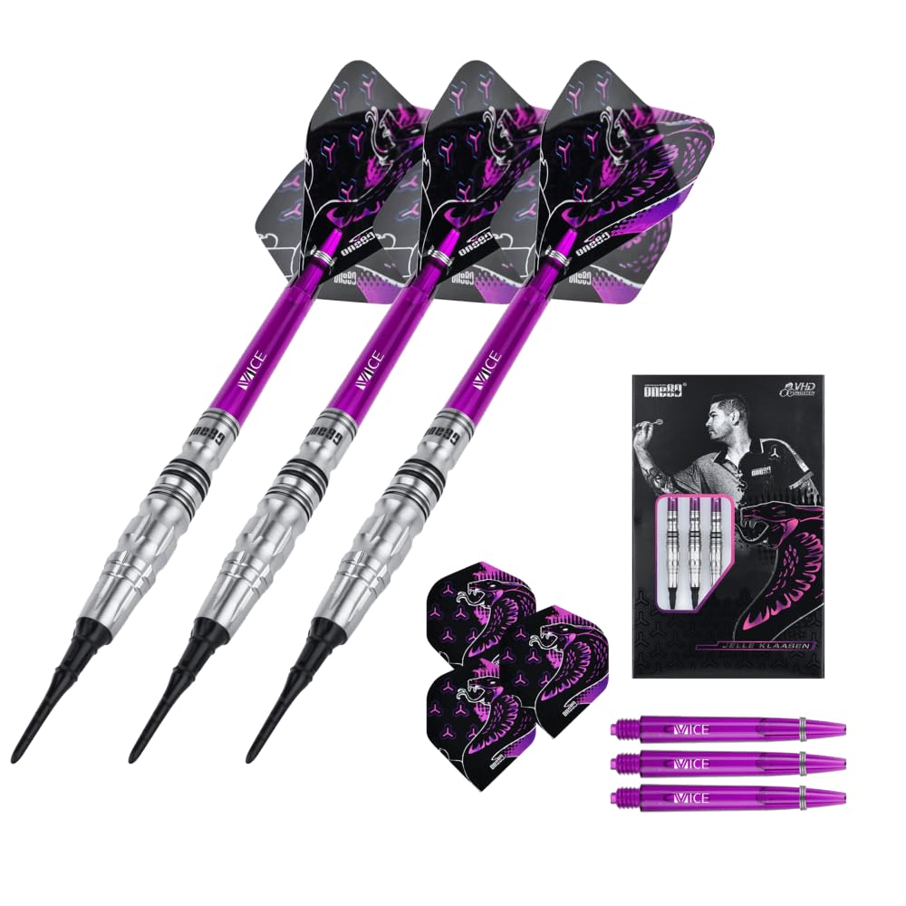 ONE80 Soft Dart Jelle Klaasen The Cobra V2 VHD 90% wolframu – idealna równowaga i przyczepność dla graczy miękkich rzutek, zestaw rzutek z trzonkami i lotkami, wysokiej jakości rzutki z wolframu