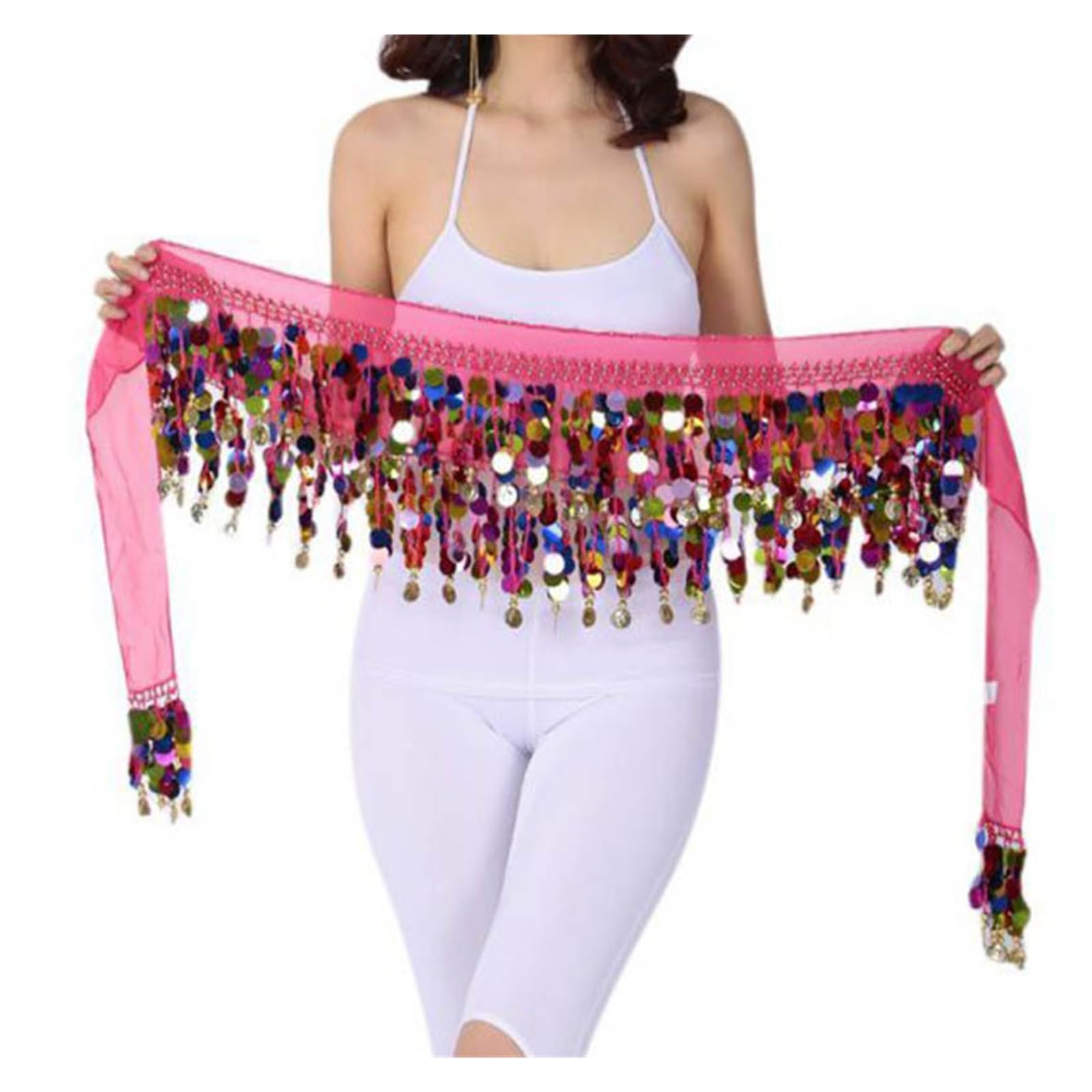 Cinturón de monedas para el vientre, con purpurina colorida, cinturón de triángulo, falda brillante para mujer, accesorio con borla y lentejuelas, disfraz