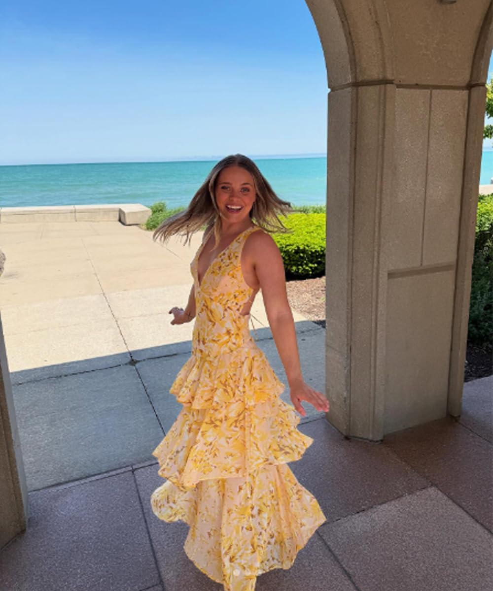 Women's Floral Maxi Dress Sexy Deep V Neck Backless Ruffles Dresses Beach Party Wedding Guest Dress - Image 5