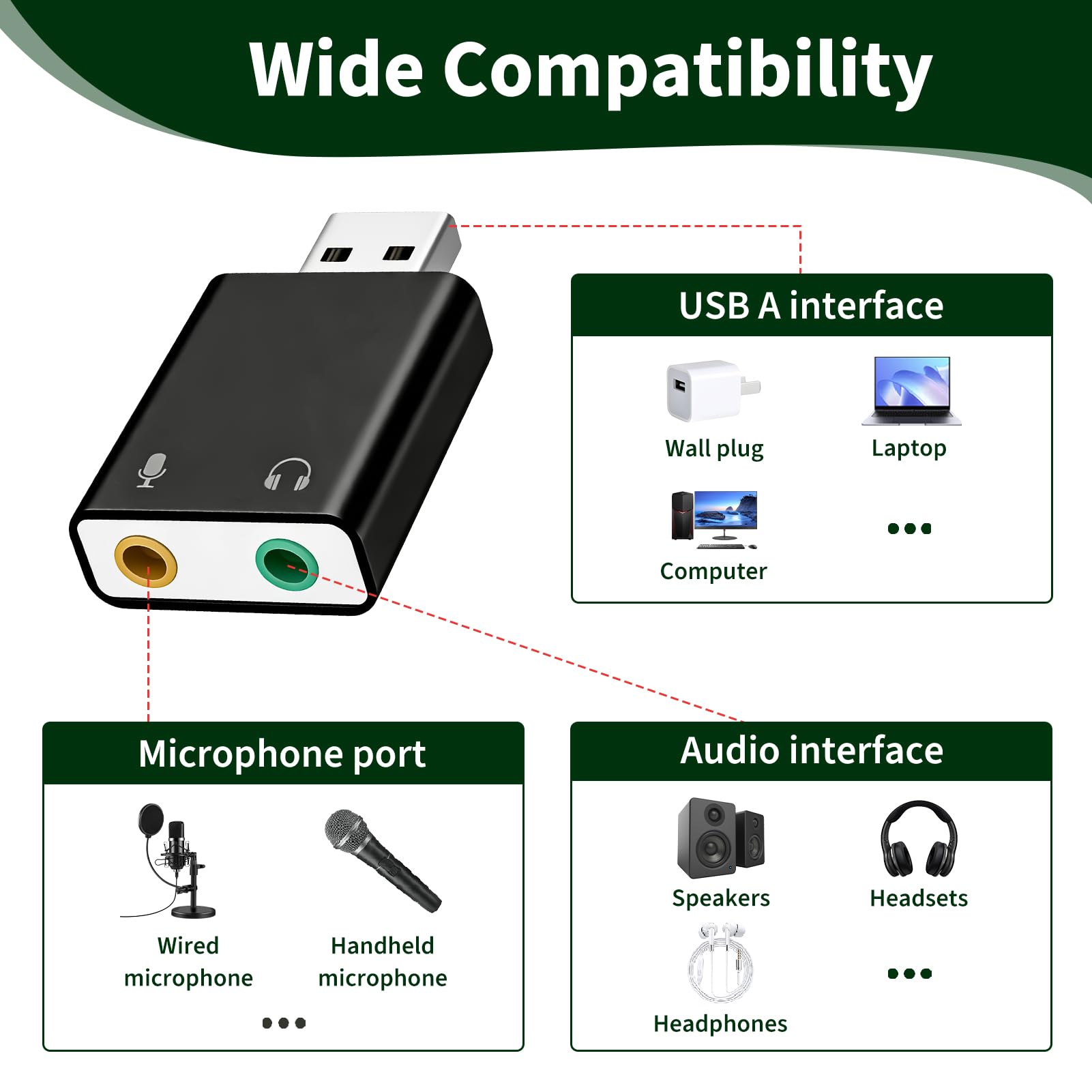 Tarjeta Sonido USB, Adaptador USB Jack 3.5mm con Entrada de Micrófono y Salida de Auriculares, Sonido Estéreo 3D, Plug and Play, Conversor USB 2.0 sin Controlador PC Portátil Mac Linux Chromebook