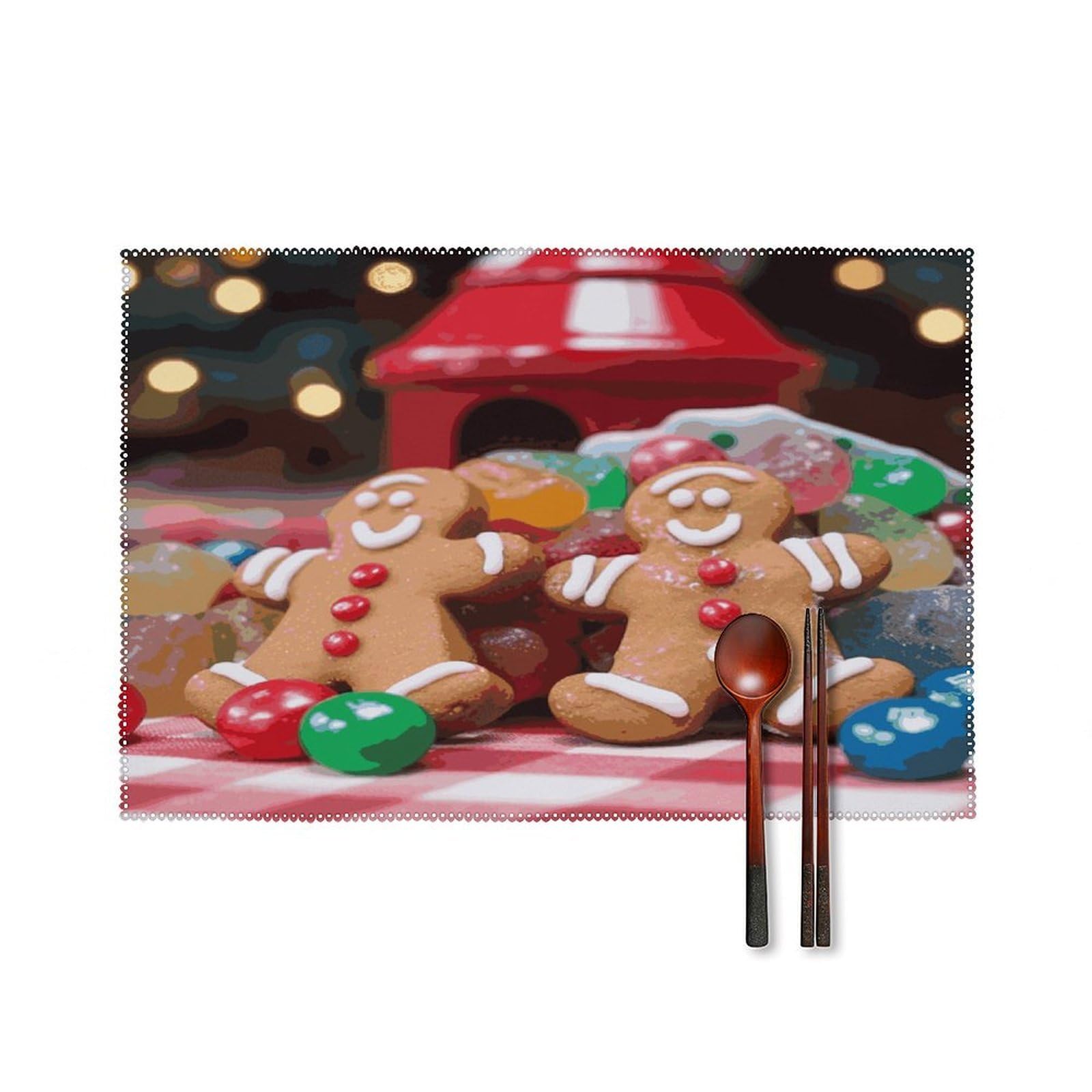 Gingerbread Man Candy Placemats Set of 6 Heat-Resistant Washable Place Mats Wipeable Kitchen Placemat Easy to Clean for Indoor Outdoor Party Kitchen Decoration
