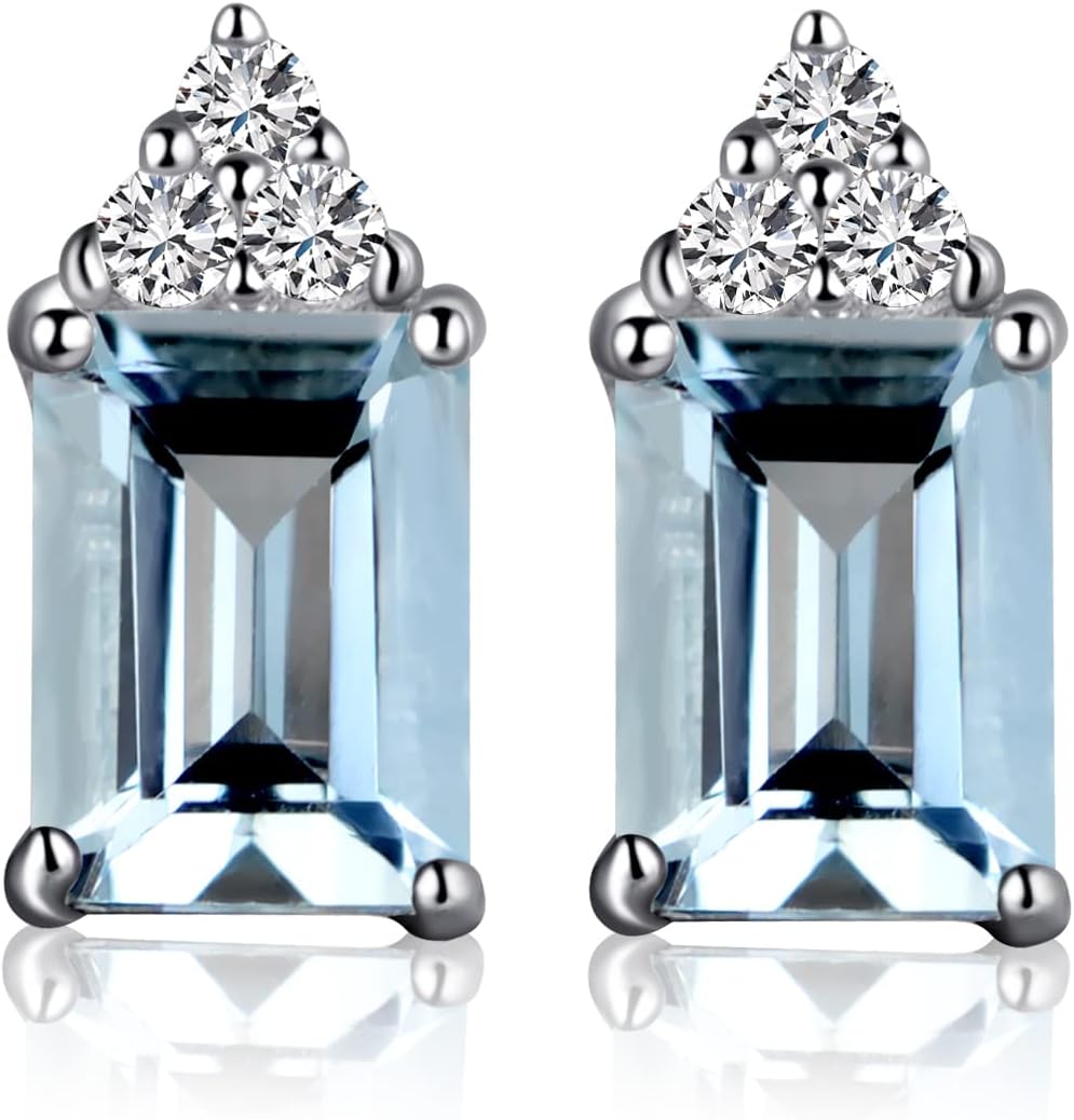 LUO Women's Sterling Silver Stud Earrings Emerald Cut Simple Wedding Earrings for Brides