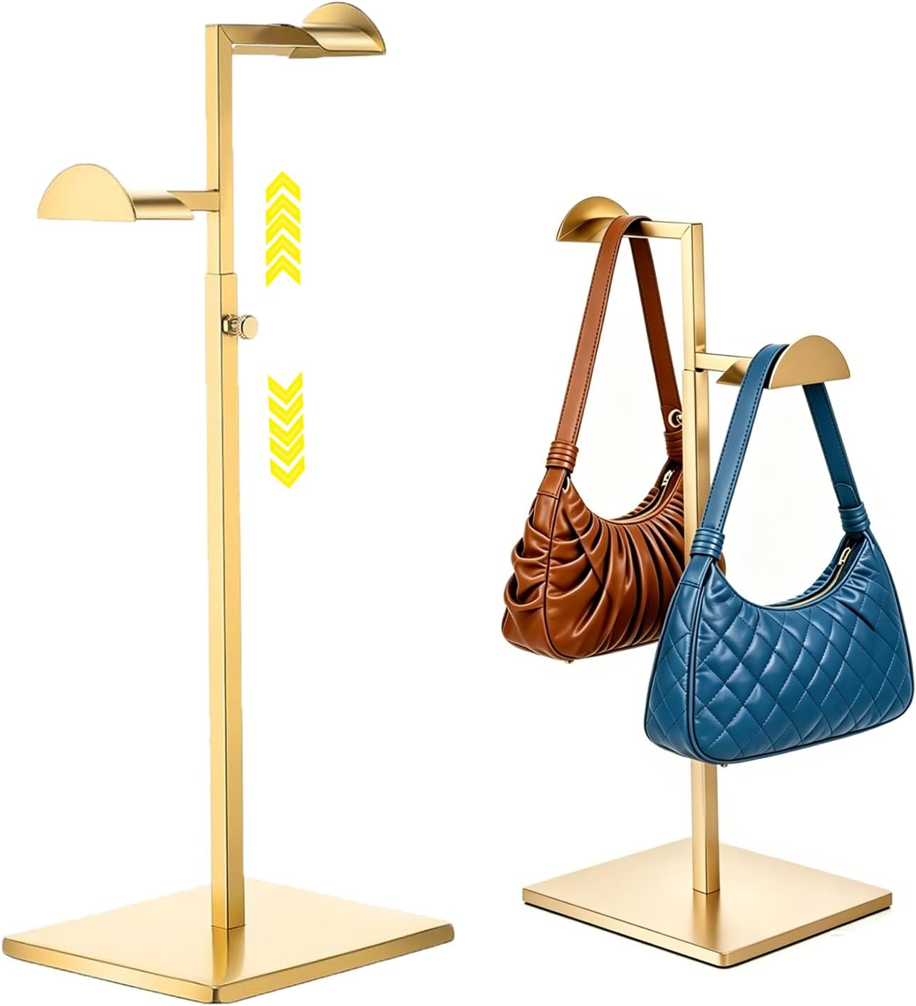 2 Pack Purse Stands for Display,Gold Handbag Display Stand, | Heavier Base,Stainless Steel Material,Double-hook design,Height-adjustable,Bag Display Racks for Wardrobes and Retail Booths
