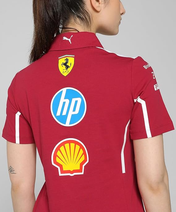 PUMA Scuderia Ferrari F1 2025 Women's Team Polo - Red | Women's collared team polo shirt, Team stripe detail and shoulder panels, Officially licensed