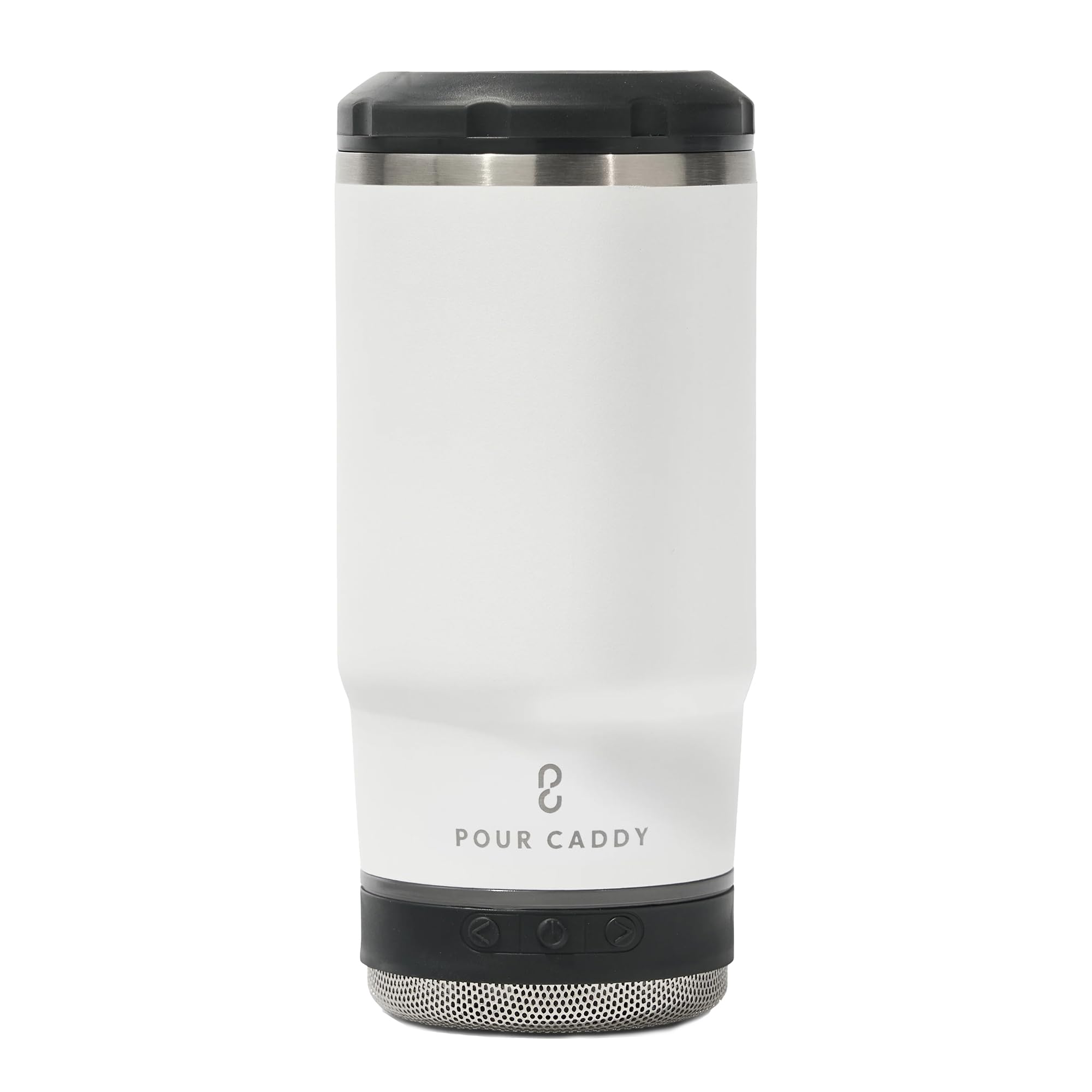 Chill and Brew Bluetooth Speaker Cup, Insulated Can and Bottle Holder for Hot or Cold Drinks, Double Wall Stainless Steel Drinkware, Fits 12 oz Cans or 14 oz Liquid, White