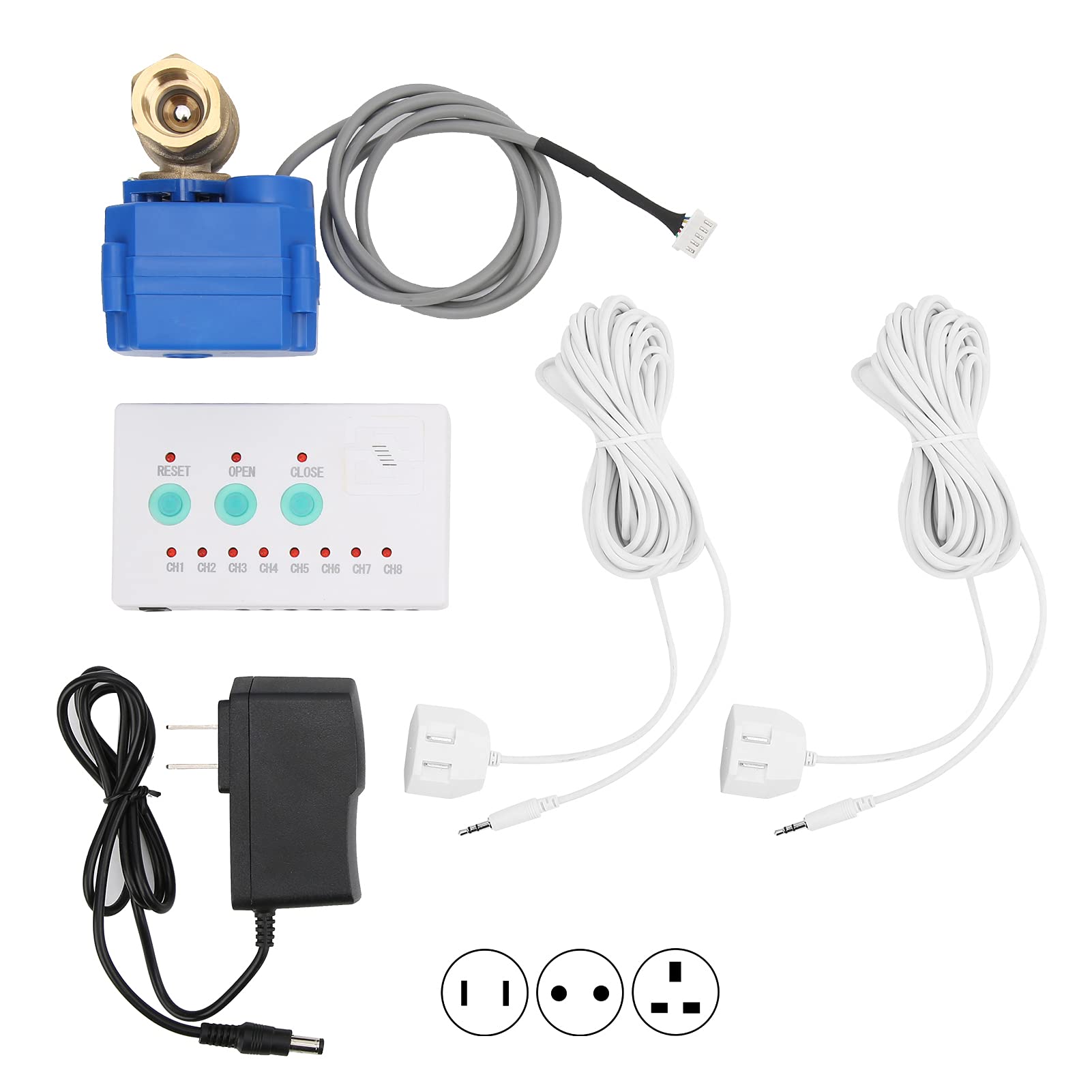 Sensor Fugas Agua Inteligente con Alarma Audible, Válvula 2 Vías y Detector Nivel Líquido para Hogar, Tuberías, Almacenes y Fábricas, 100-240V con LED