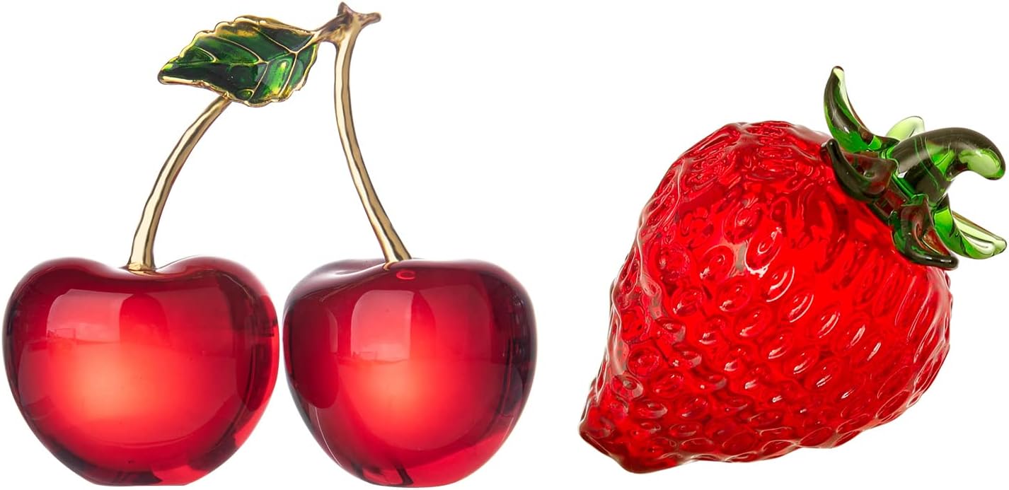LONGWIN Bundle of 1pc Crystal Cherry Figurine and 1pc Crystal Strawberry Figurine Glass Fruit Vegetable Figurines Home Decor