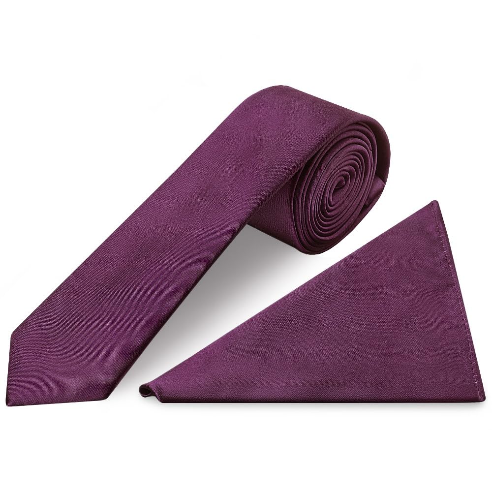 Ties R Us Men's Purple Plain Plum Satin Skinny Tie And Pocket Square Set