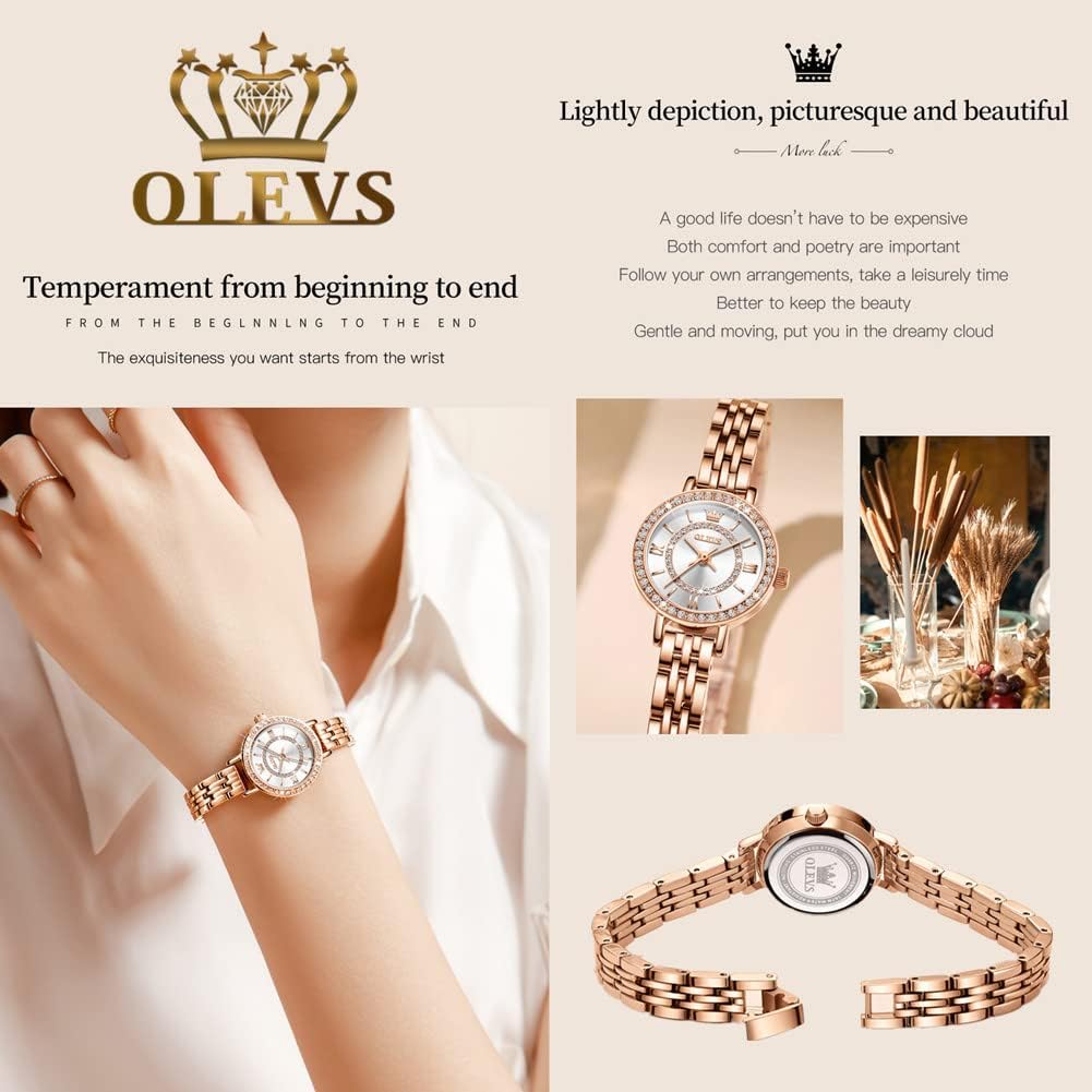 OLEVS Women‘s Retro Crystal Watch - Rose Gold Plated Bracelet, Analog Quartz Movement, Luxury Elegant Dress Watch for Christmas Gift - Image 3