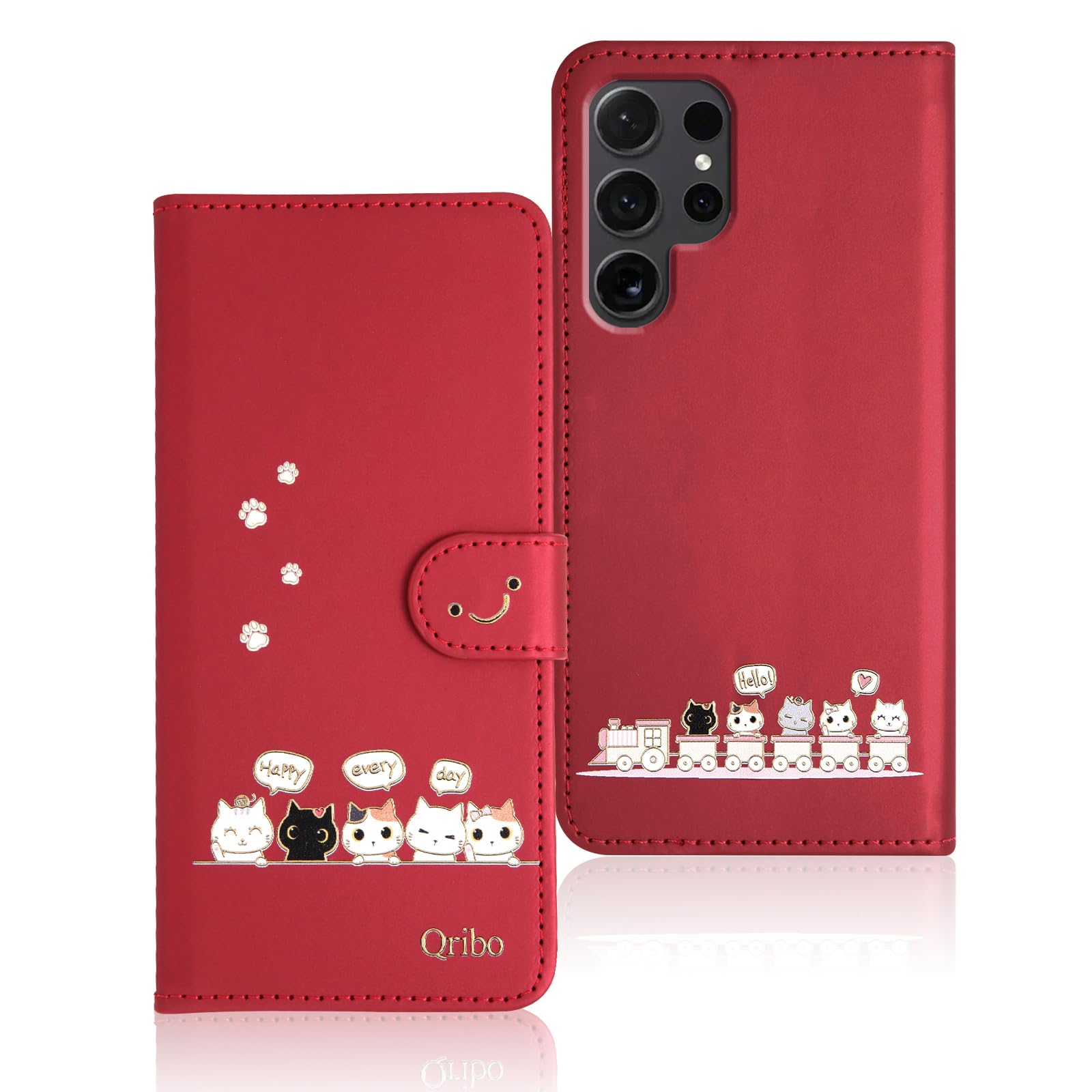 Qribo 適合 Galaxy S26 Ultra ケース 手帳型 シンプルなのに可愛いデザイン エンボス加工猫柄 うれしい気持ち SCG37 SC-53G ケース 6.9インチ対応 向け ギャラクシーs26ultra ケース 適合 ギャラクシーs26ウルトラ スマホケース 向け Galaxy S26 Ultra 手帳型ケース 防水 の耐久性 滑り防止 美しい 贈り物 友達 - レッド