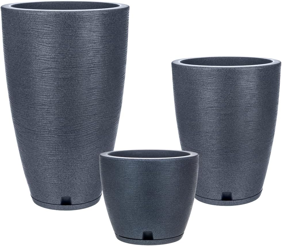 Floridis Plastic Plant Pot, Dark Gray, Set of 3 (11+17+25 inch) with Drainage Hole and Saucer. Outdoor and Indoor Set of Black planters for patios, Front Porch.