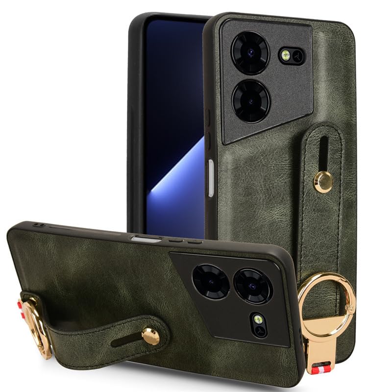 Gruattreay Compatible with Tecno Pova 5 Pro Case with Ring Holder & Hand Straps & Neck Straps, Scratch-Resistant Skin-Friendly Leather Protective Cover Case (Green)