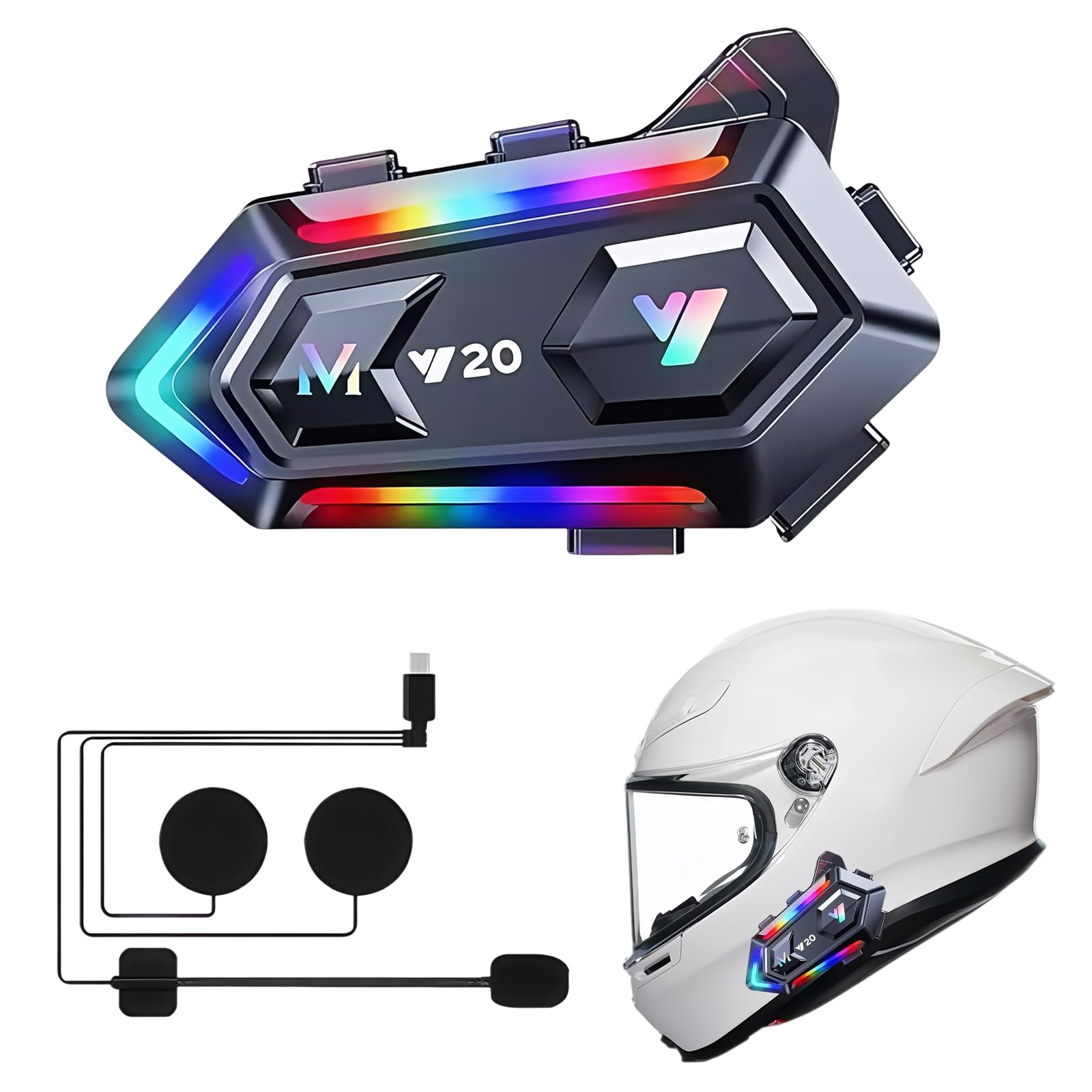 flintronic Casco Moto Auricolare, Y20 Cuffie per Caschi da Moto per Persona Singola Wireless 5.3 Impermeabile IPX6 Cancellazione, luci RGB abbaglianti, Per Pilota Singolo
