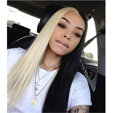 Amazon Com Half Black Half Blonde Synthetic Hair Wig None Lace Front Wigs 24 Inch Long Straight Hair For Black Women Machine Made Lace Wigs With Baby Hair Bleached Knots 150 Density