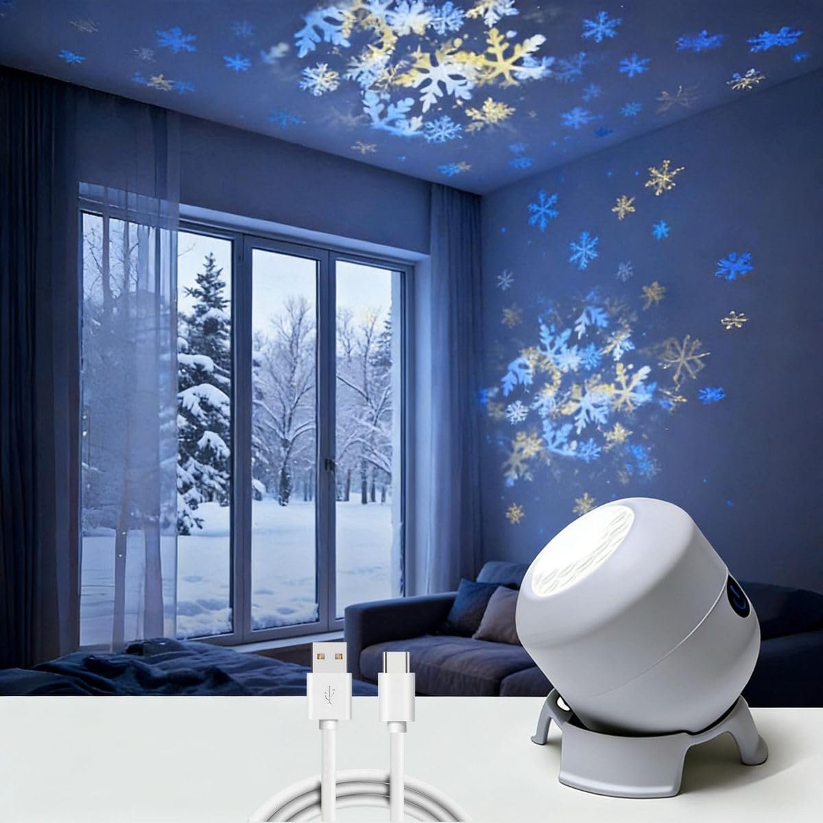 Dynamic Rotating LED Projector Light, Colorful Rotating Projection Light, Rechargeable Ocean Snowflake Night Light Projector, Adjustable Brightness Atmosphere Lamp for Kids Bedroom (Snowflake)