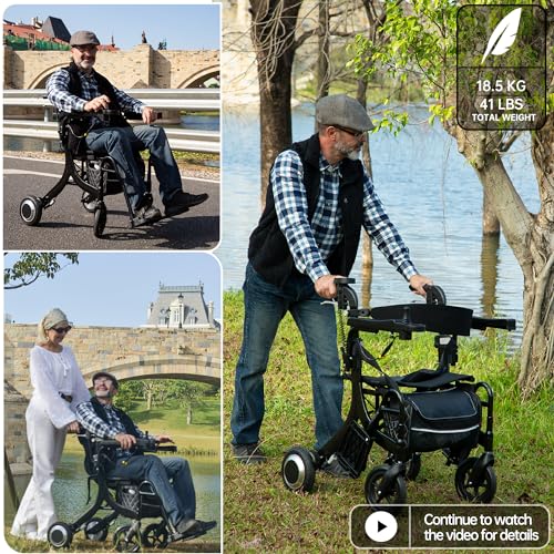 Sinceborn-Foldable-Rollator-Walker-with-Seat-Rolling-Walker-for-Seniors-3-in-1-Multi-Functional-Transport-WheelchairElectric-Driving-Scooter-with-Front-Controller-and-Rear-Controller-Hight-Style