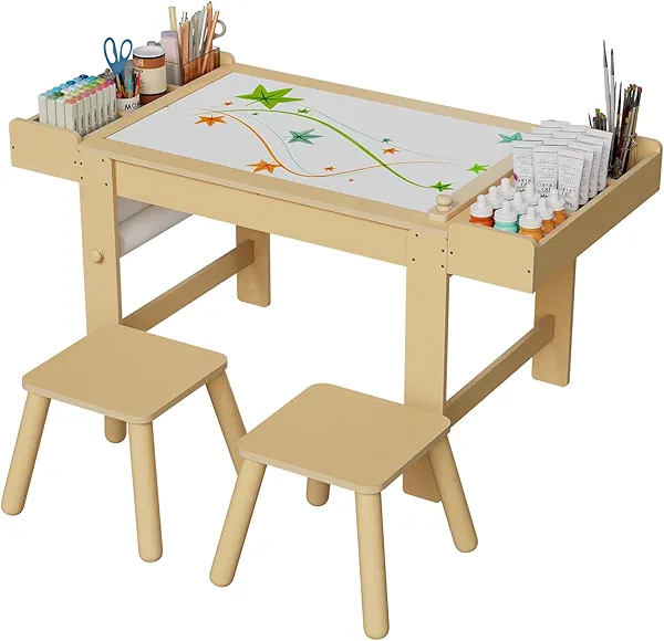 Kids Art Table and Chair Set, Kids Craft Table with Storage, Toddler Activity Play Desk and 2 Chairs Set,Wooden Art Drawing Desk with Paper Roll for Children Painting, Learning,Reading,Eating