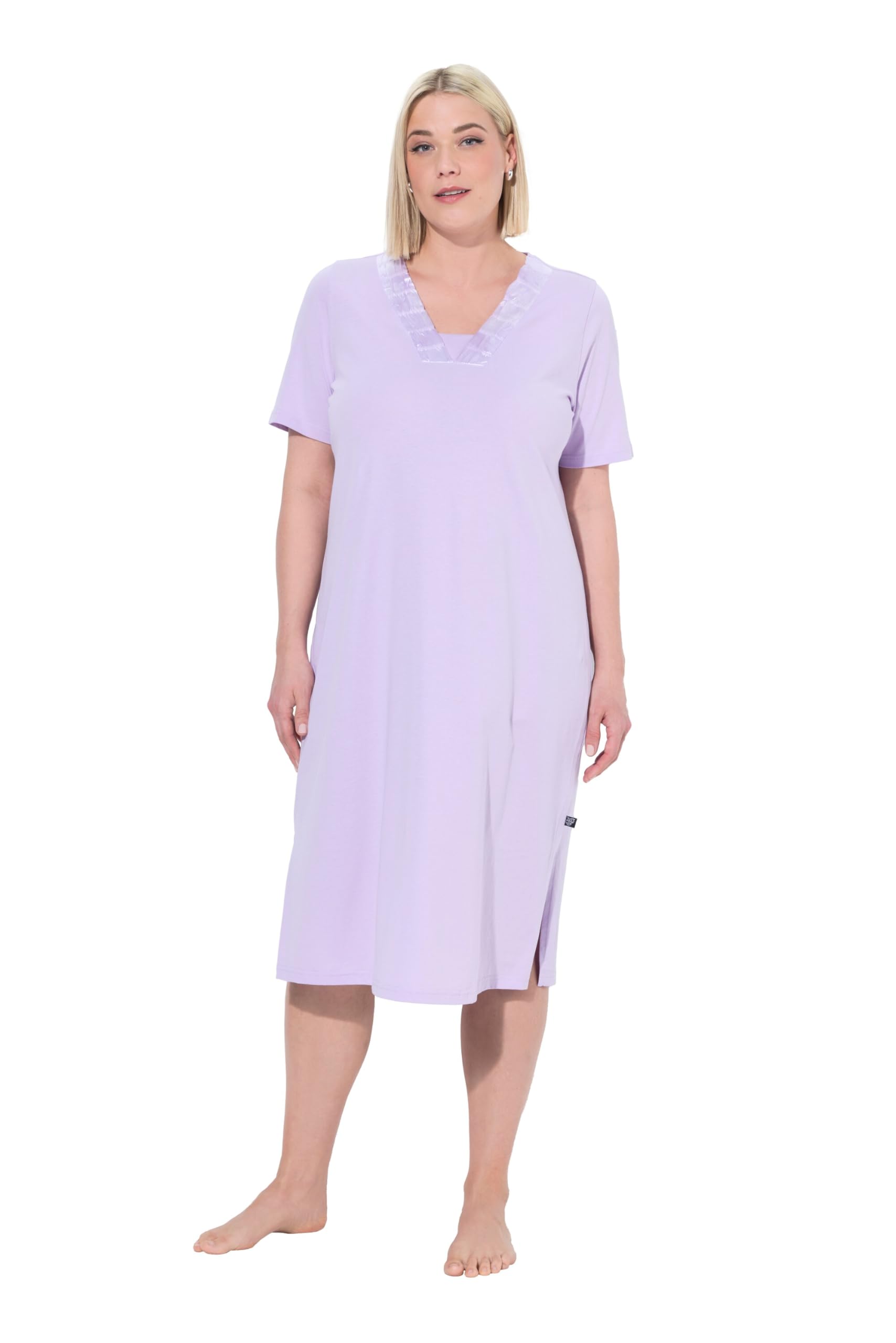 Ulla Popken Damen große Größen Übergrößen Plus Size Nachthemd, Satin-Zierblende, V-Ausschnitt, Halbarm 837930
