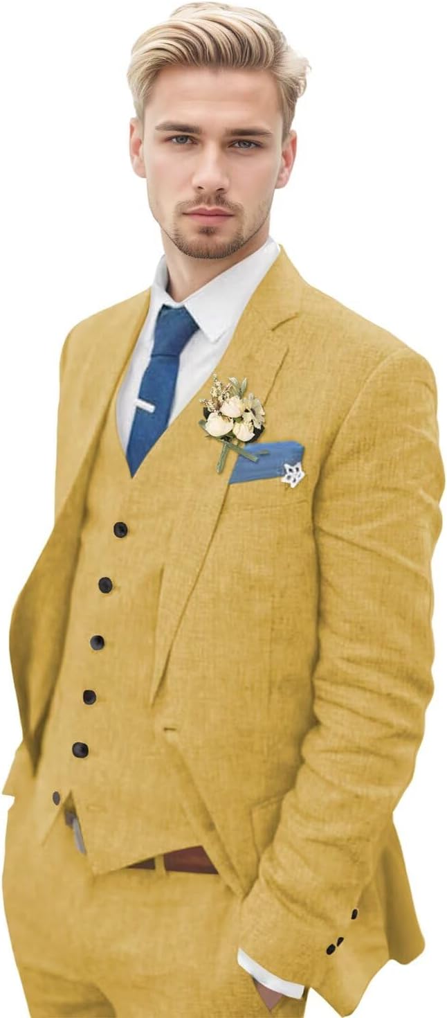 Linen Suits for Men 3 Piece Slim Fit Summer Mens Suit Casual Formal Business Wedding Prom Tuxedo Set