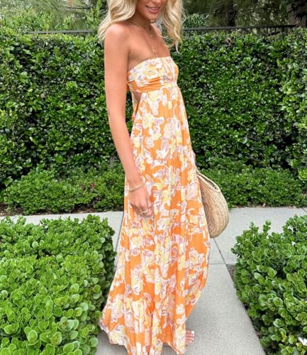 Image of Women Floral Print Maxi Tube Dress Strapless Flowy Long Bandeau Dress Y2K Open Back Sundress Summer Beachwear