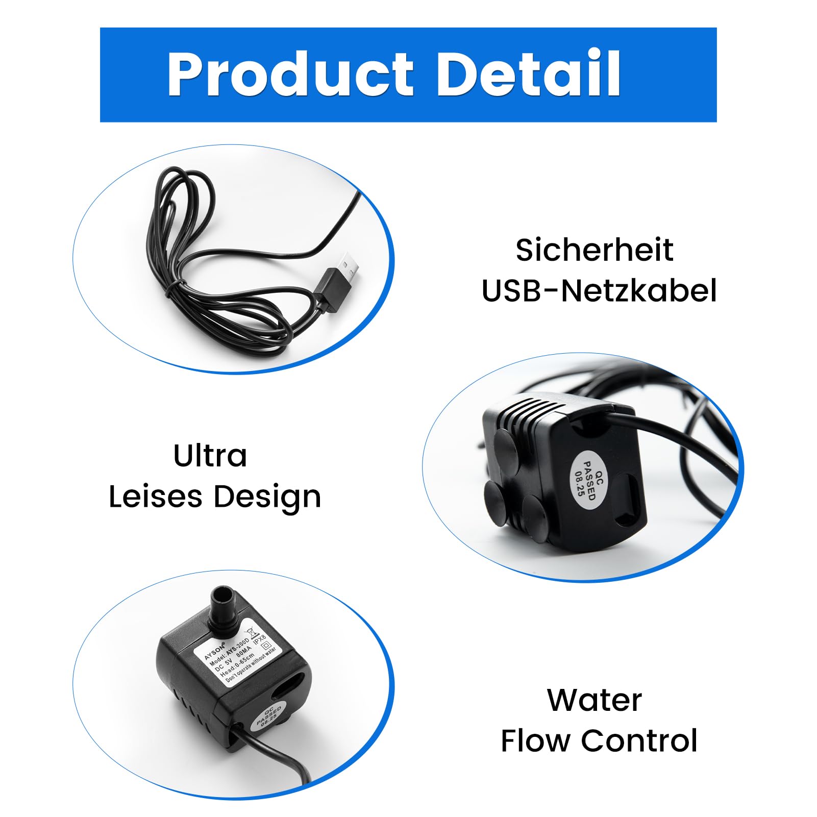 2 Pezzi Mini Pompa Acqua Sommergibile USB, DC 5 V 1 – 3 W 200 L/H Pompa Acqua USB, per Acquari, Fontane da Giardino, Stagni, Impianti Idroponici, Ultra Silenziosa, Portatile con Regolatore di Flusso
