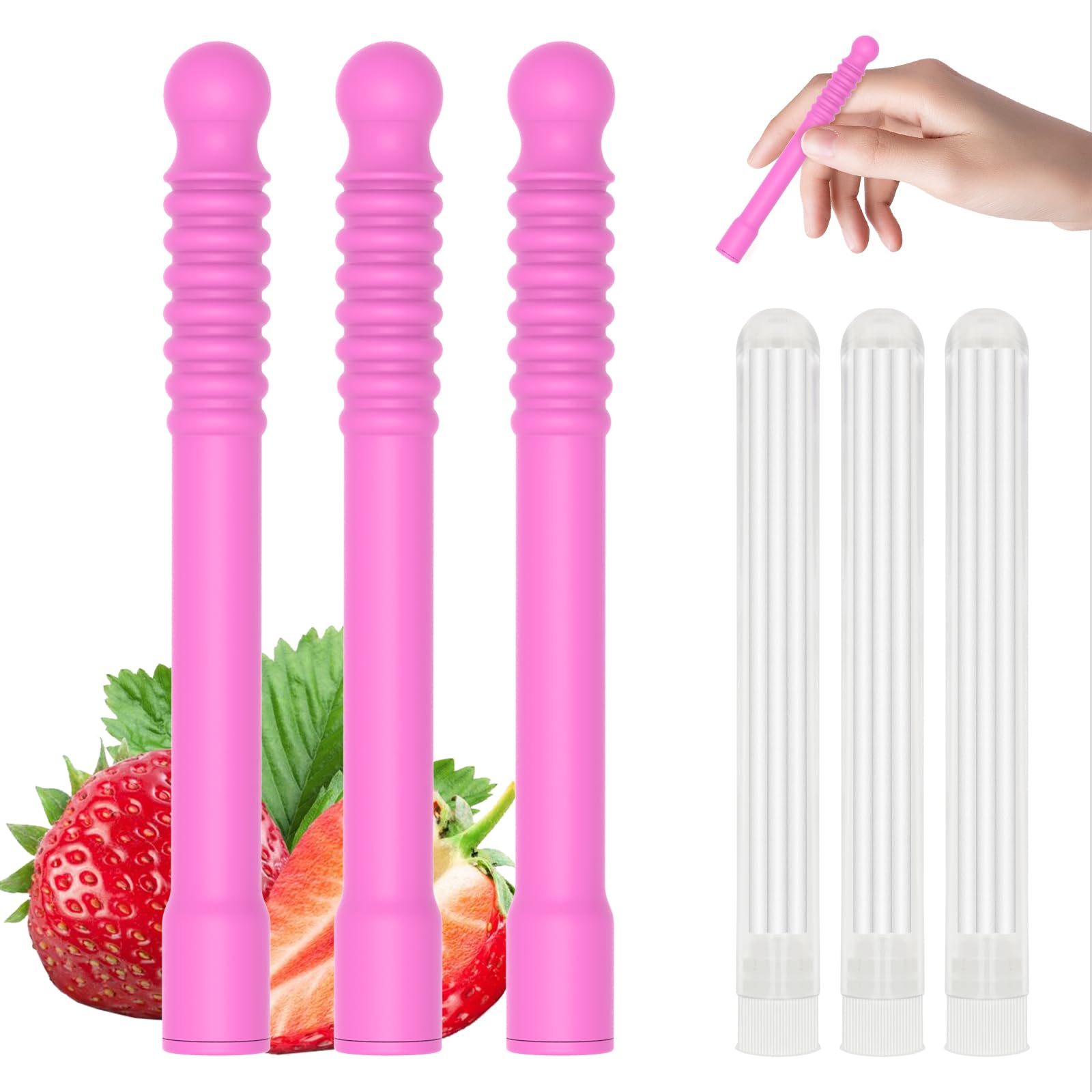 Photo 1 of 3PCS Strawberry Flavored Chewable Essential Oil Breath Stick, Chew Stick with 9 Thicker Refill Cores for Long-Lasting Freshness, Bubblegum-like Aroma Oral Sensory Fidget Tool for Habit Support