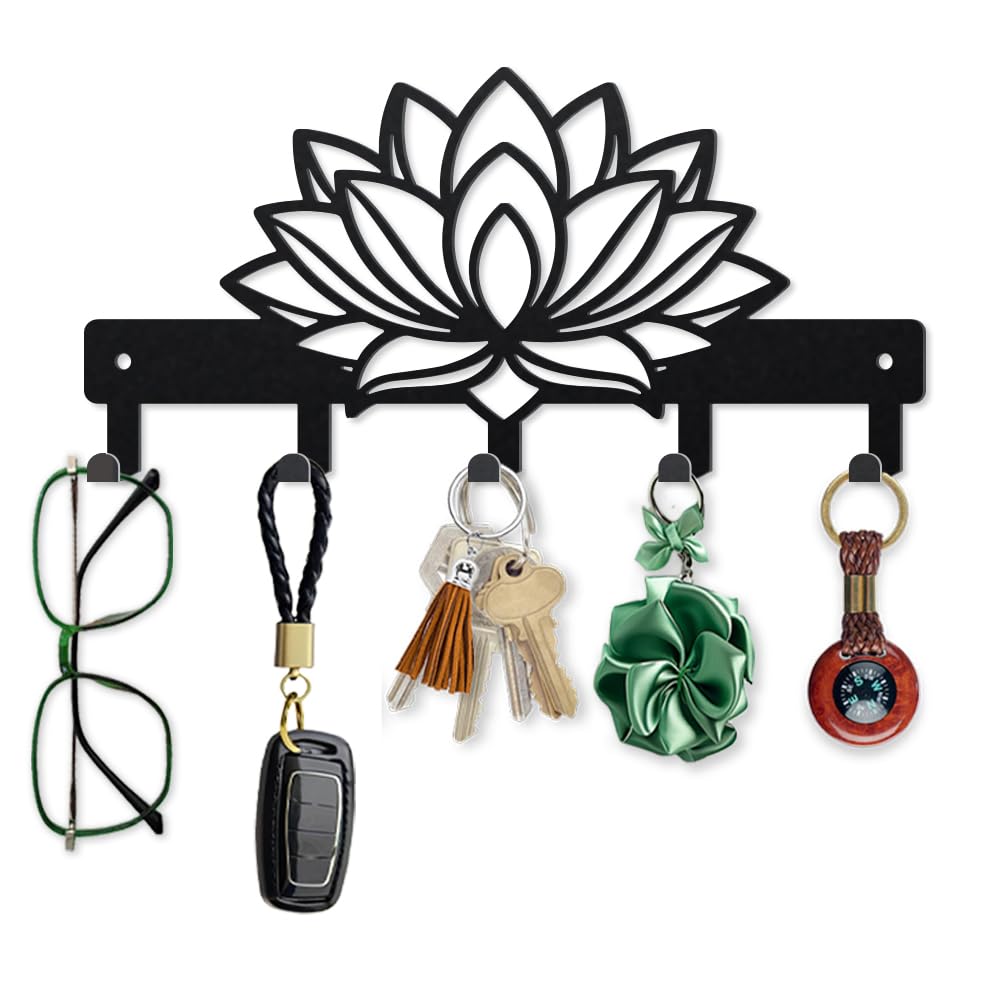 MAYJOYDIY Modern Lotus Key Holder, 12×25cm, Black Metal Wall Mounted Key Rack with 5 Hooks