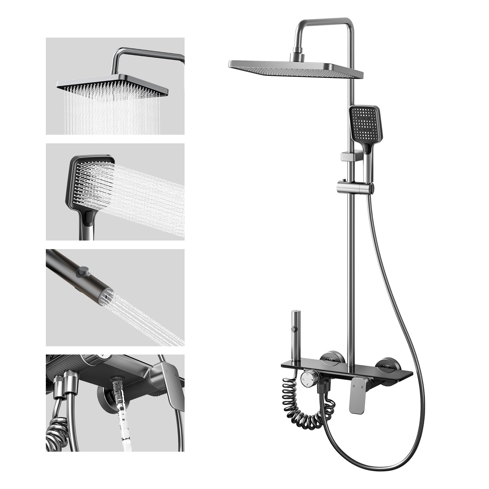 FLOWZEN 4 Outlet Shower Mixer Set with Rainfall Head, Gunmetal Grey