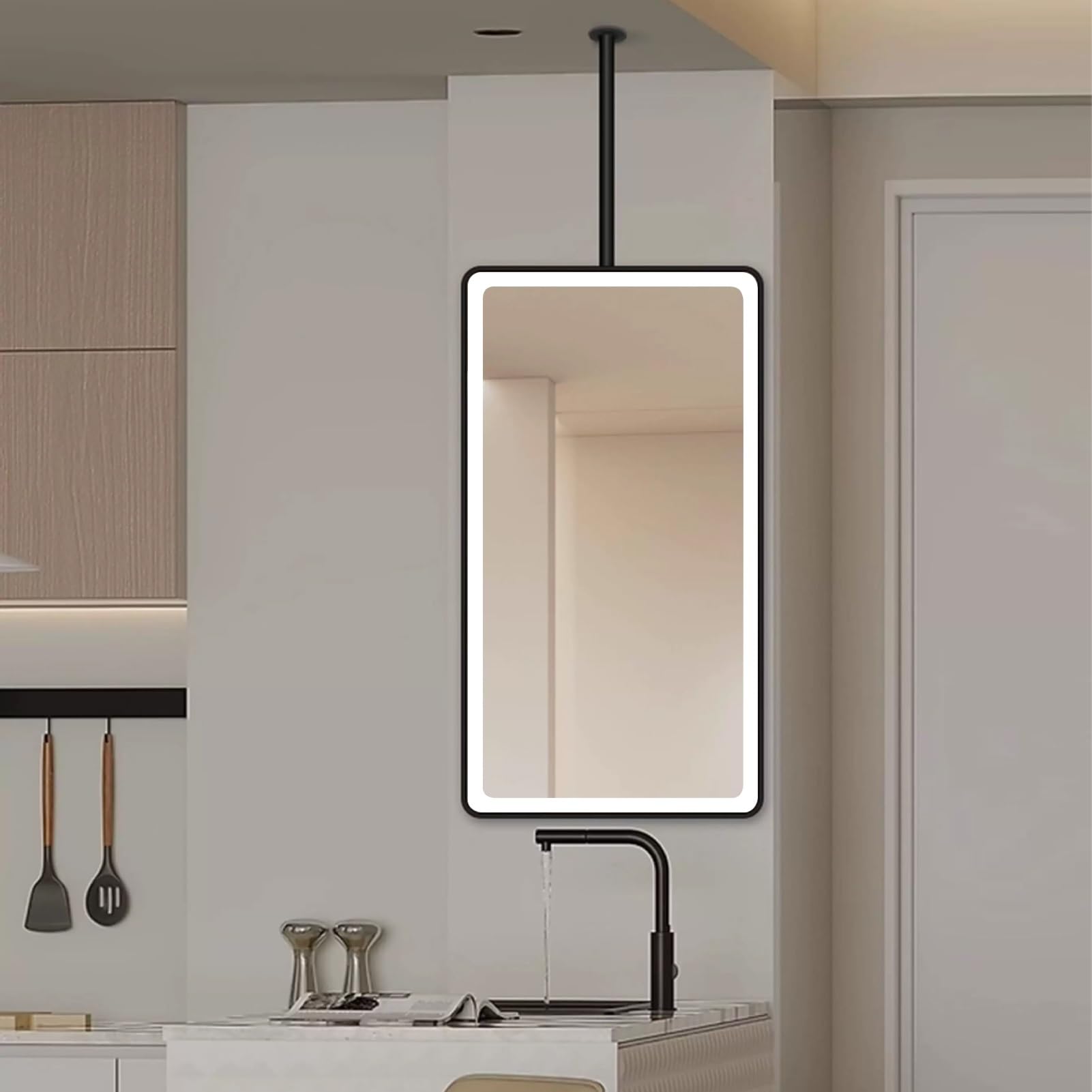FGXHHS Ceiling Hanging Mirror with Metal Framed，LED Bathroom Illuminated Wall Mounted Vanity Mirrors 3 Colors Dimmable for Washrooms Apartment Home Décor Mirrors(40cmx60cm)
