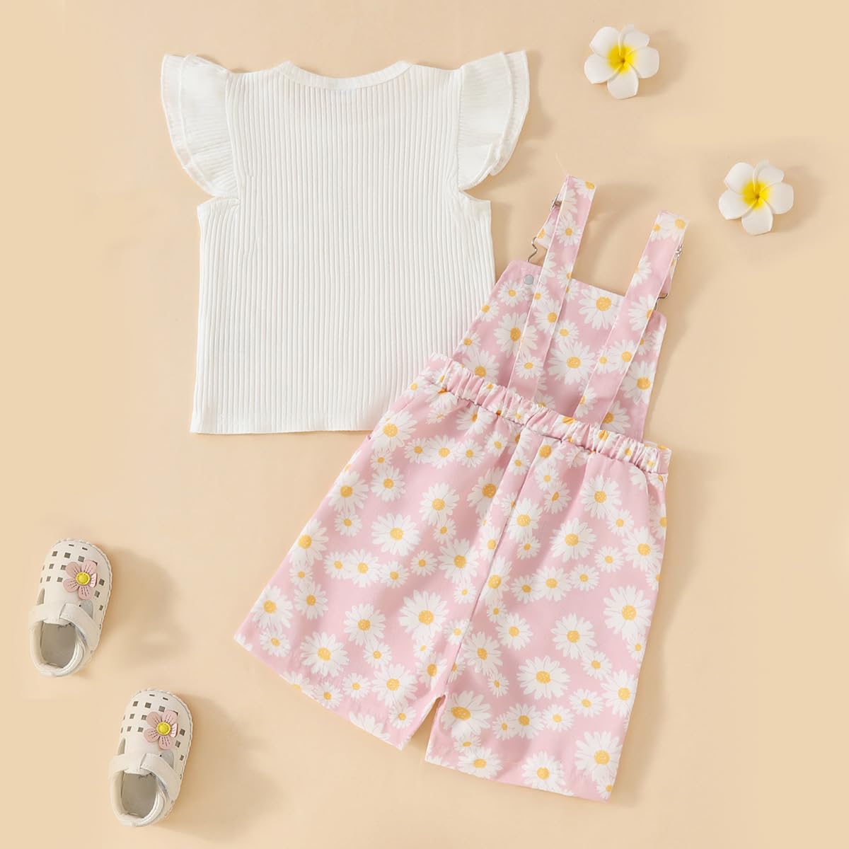 Conjunto Ropa de Verano para Bebé Niña Top de Canalé con Volantes+ Estampado de Margaritas Pantalones Cortos con Peto Bretelles Adorable Infantil Trajes - 4