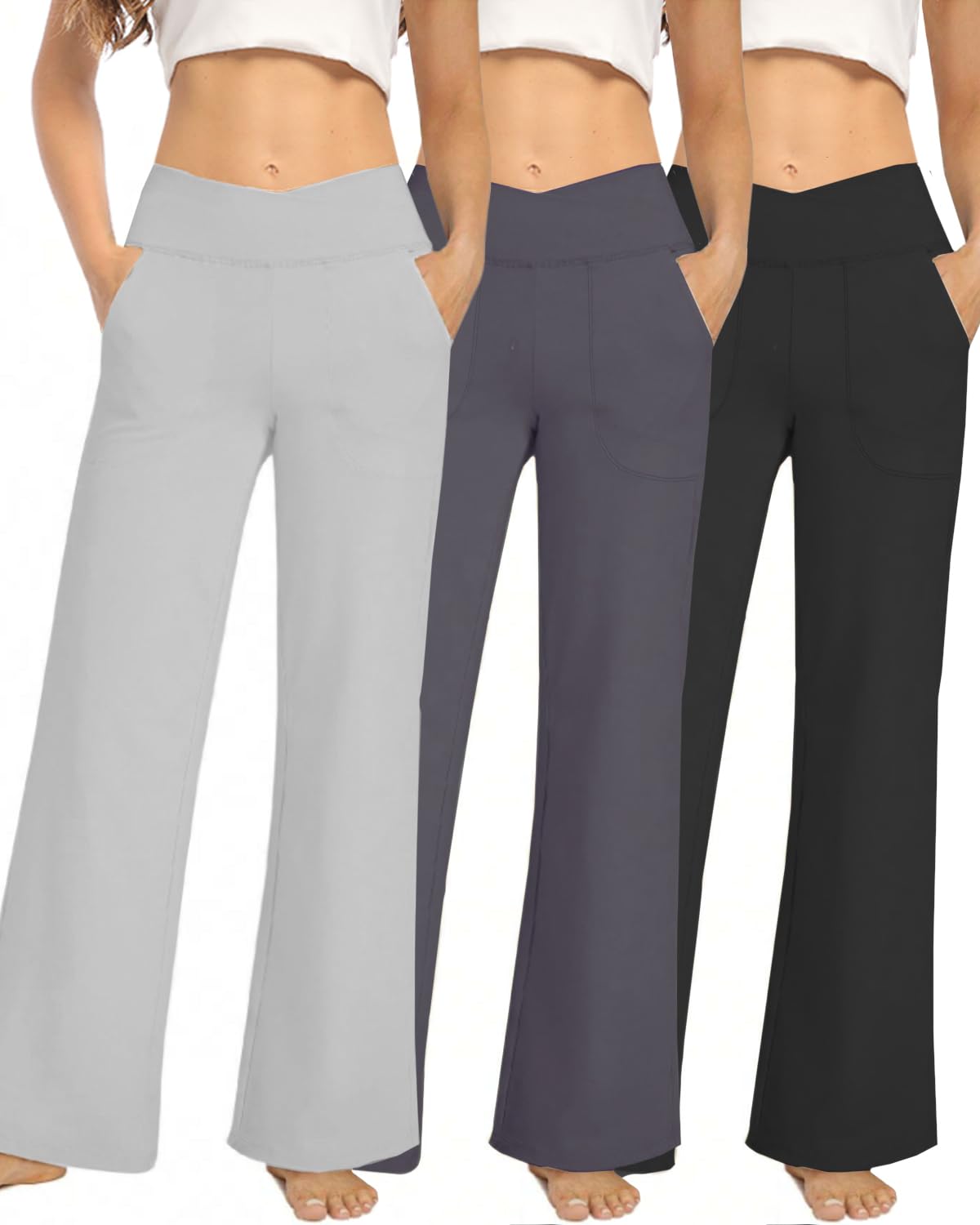 XFIFM 3 Pack Wide Leg Pants Woman Yoga Pants with Pockets Crossover Stretch Loose Casual Lounge Sweatpants