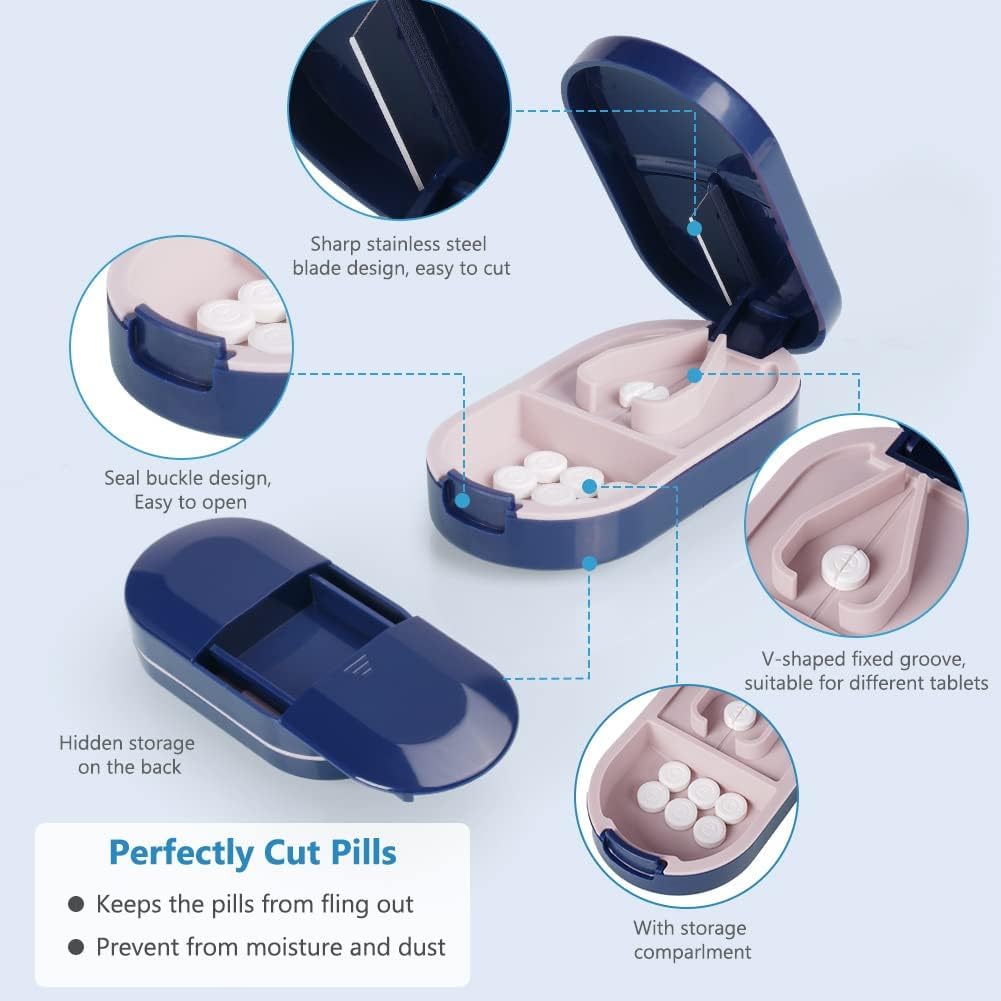 Digolex Portable Pill Box Tablets Cutter – 2-in-1 Pill storage Organizer and pill cutter for Small & Large Tablets – Compact Pill Storage for Daily Use, Travel, Pocket or Purse (Blue)