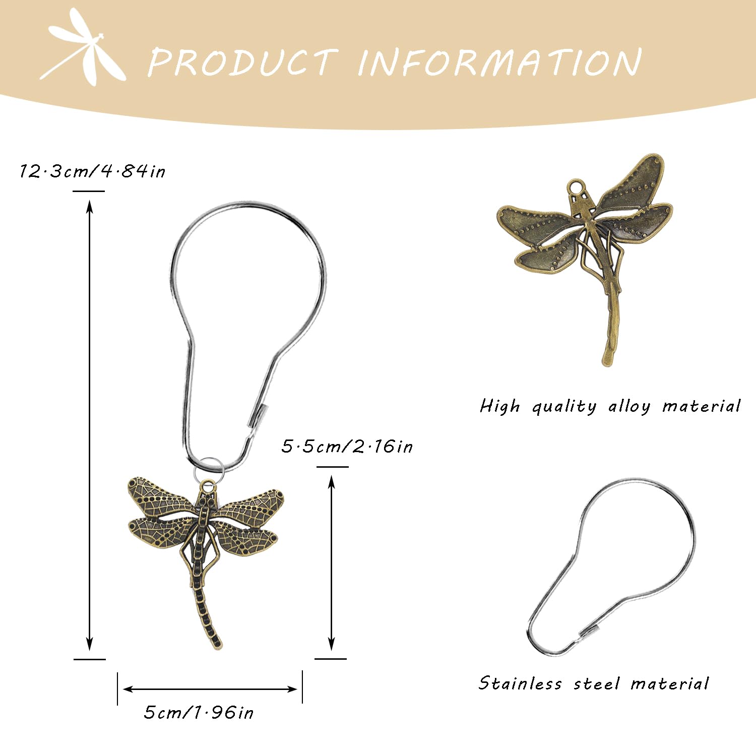 12 Pieces Shower Curtain Hooks Dragonfly Bathroom Shower Curtain Hooks Stainless Steel Shower Curtain Rings Decorative Shower Curtain Hangers Forest Garden Country Farm Theme Bathroom Decor