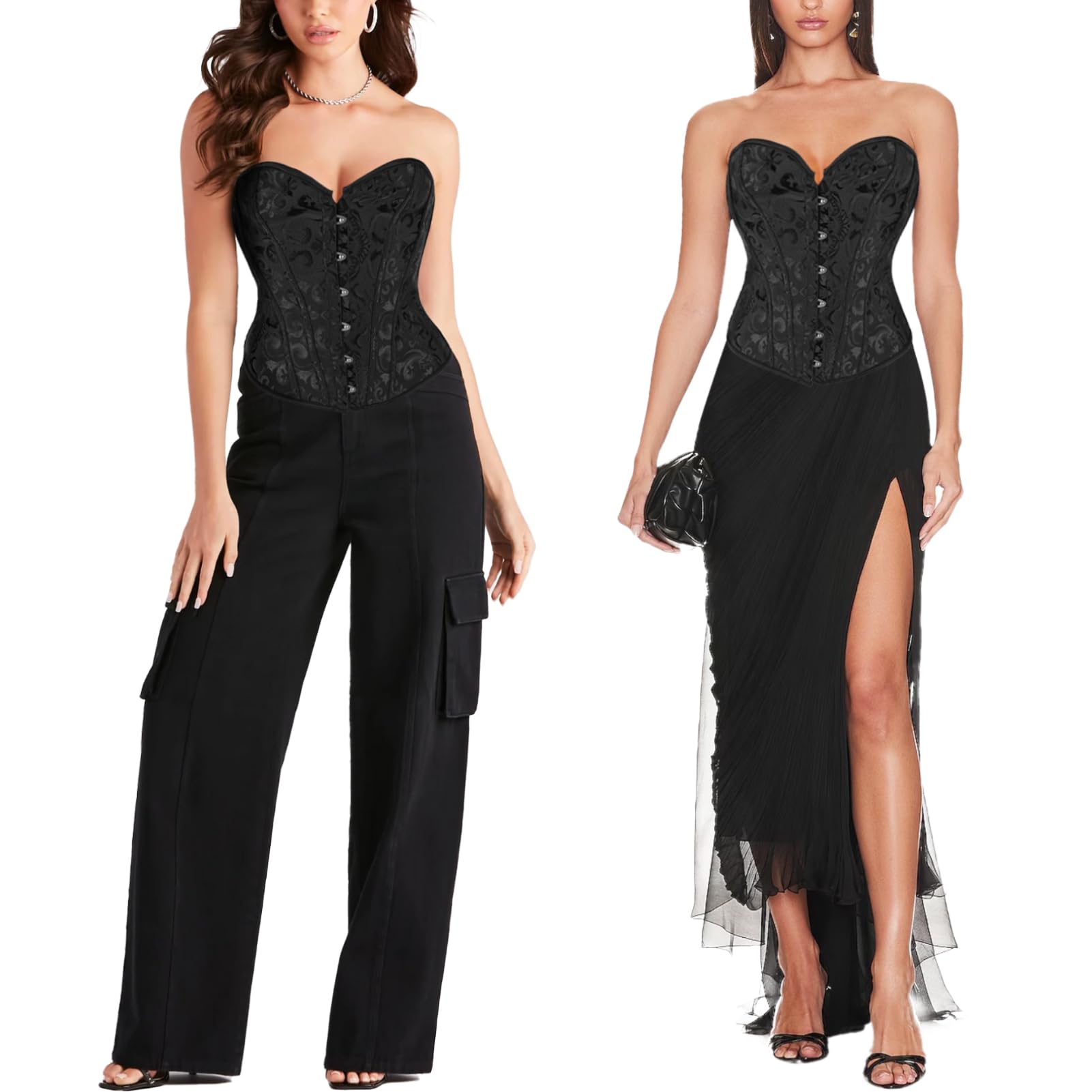 SLIMBELLE® Femmes Corset Gothique Brocart Bustier Sexy Steampunk en Satin pour Halloween Costume Lingerie de Mariée avec Ruban Lacet Overbust Top + G-String