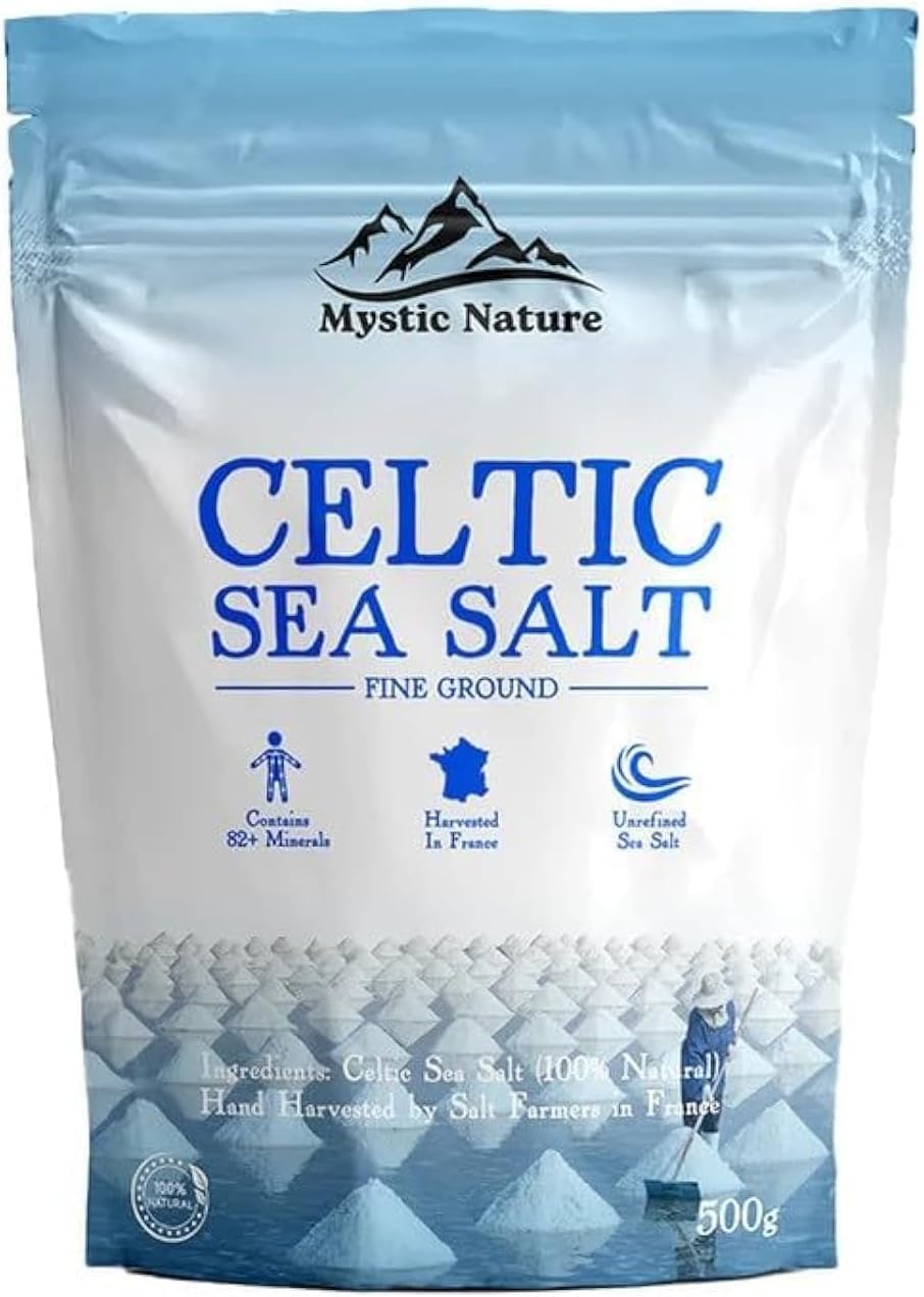 Mystic Nature Fine Ground Celtic Sea Salt - 500g | 100% Natural Celtic sea Salt | Organic Farmers & Growers Certified | Uniquely Harvested In France Providing Exceptional 82+ Minerals | UK Brand