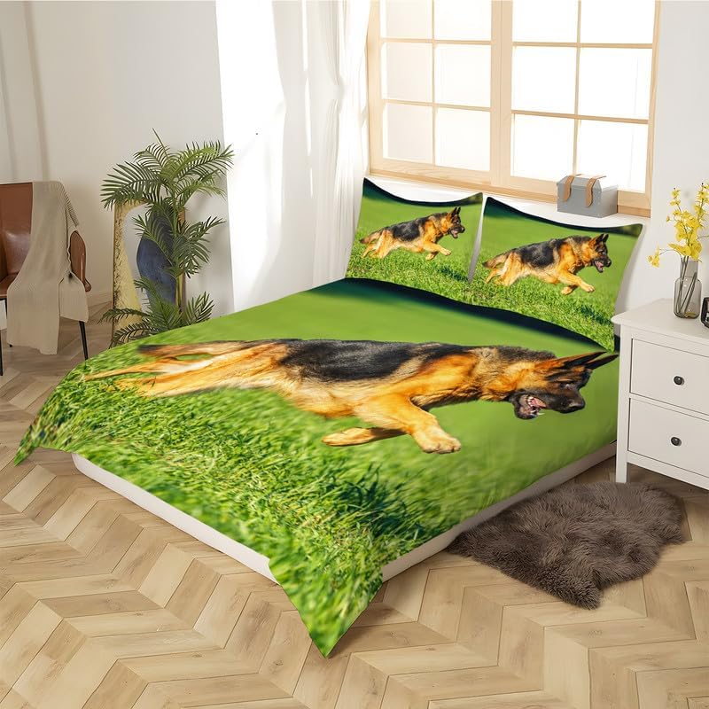 Miniatura 3 de Juego de funda de edredón tamaño individual de pastor alemán verde con estampado de perro, funda de edredón de microfibra suave y 2 fundas de