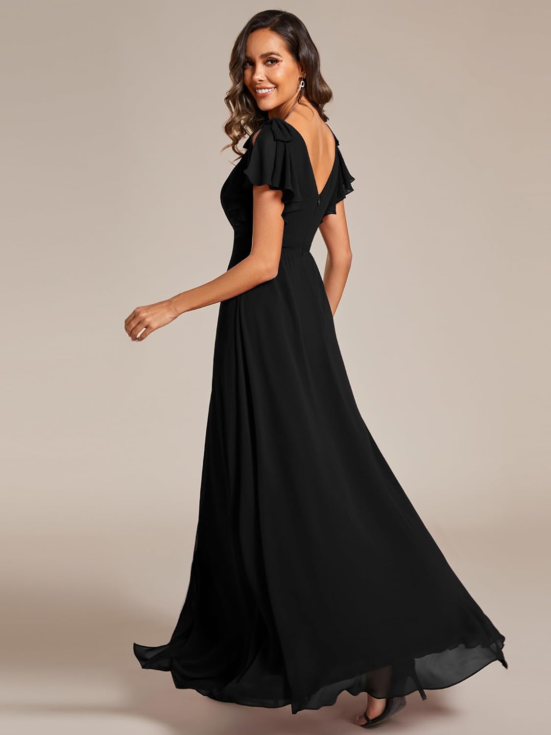 Ever-Pretty Women's V Neck High Waist Bridesmaid Dress Ruffle Sleeves Slit A Line Maxi Semi Formal Dresses 02080