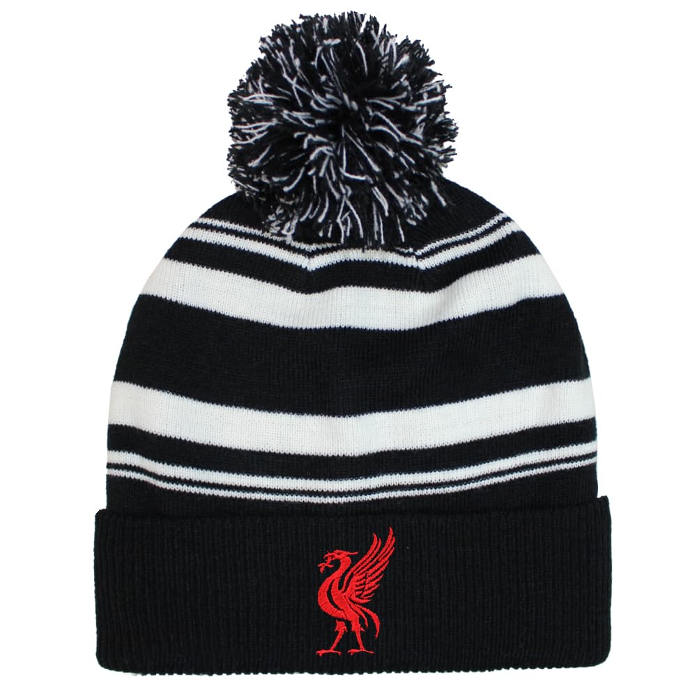 Teddyt's Men's Black Liverpool Liver Bird Embroidered Stripy Sports Bobble Beanie Hat (Uk, Alpha, One Size, )